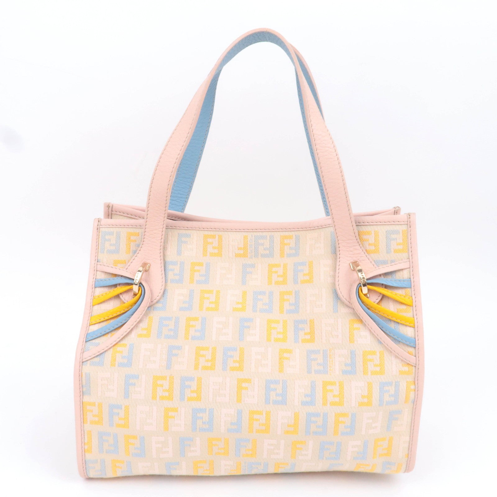 FENDI Zucchino Canvas Leather Handbag Beige Pink 8BH152