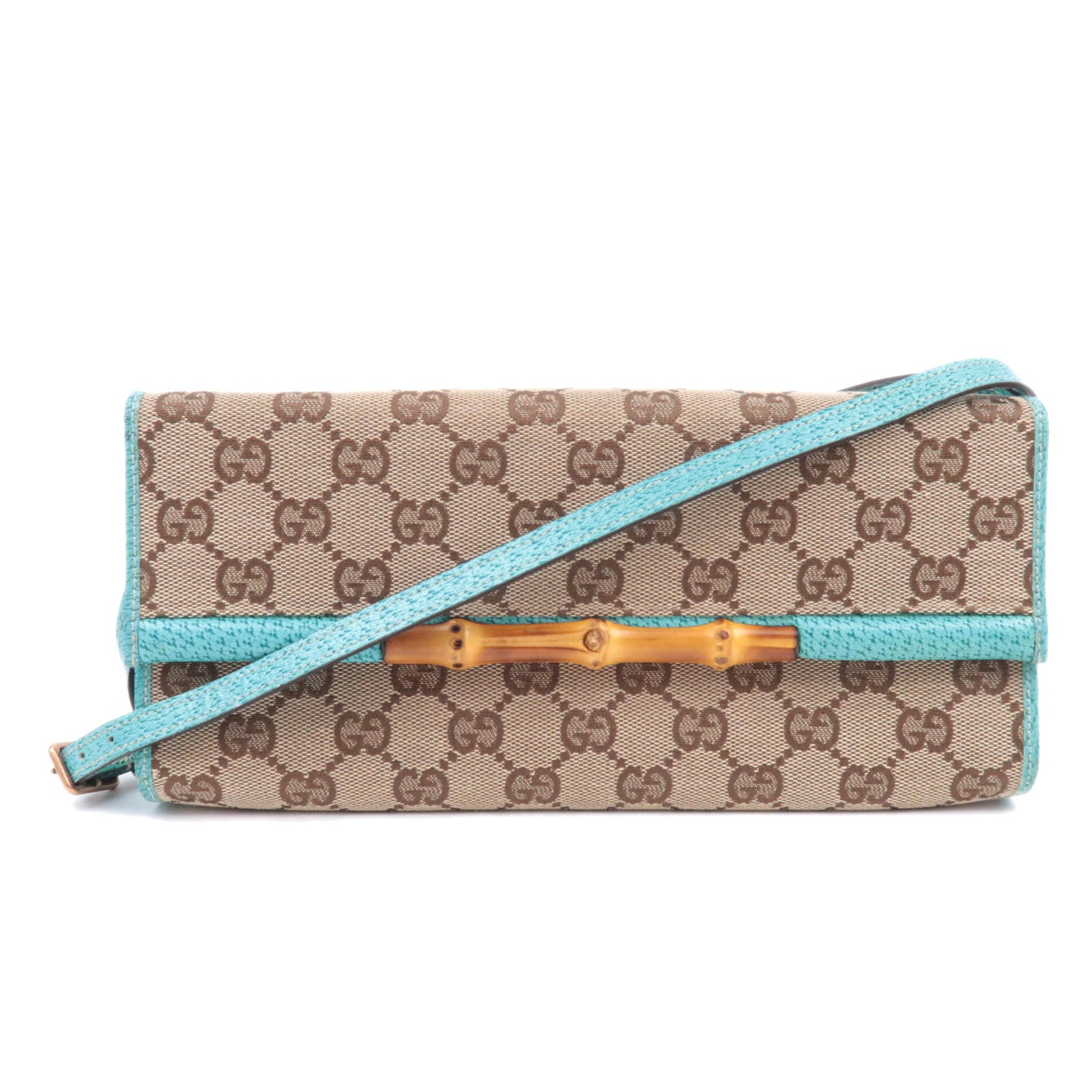 GUCCI Bamboo GG Canvas Shoulder Bag Beige Turquoise 11759490260