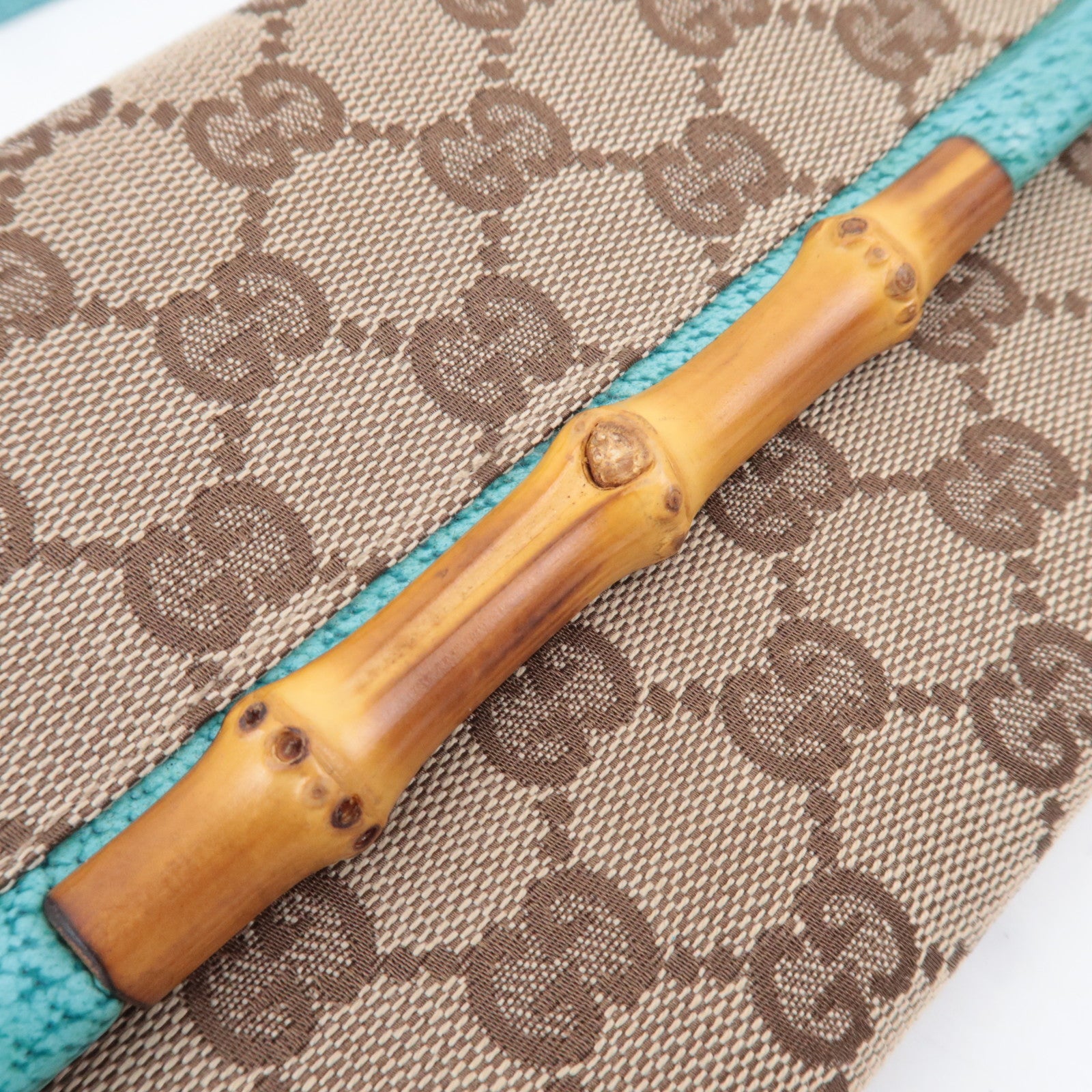 GUCCI Bamboo GG Canvas Shoulder Bag Beige Turquoise 117594