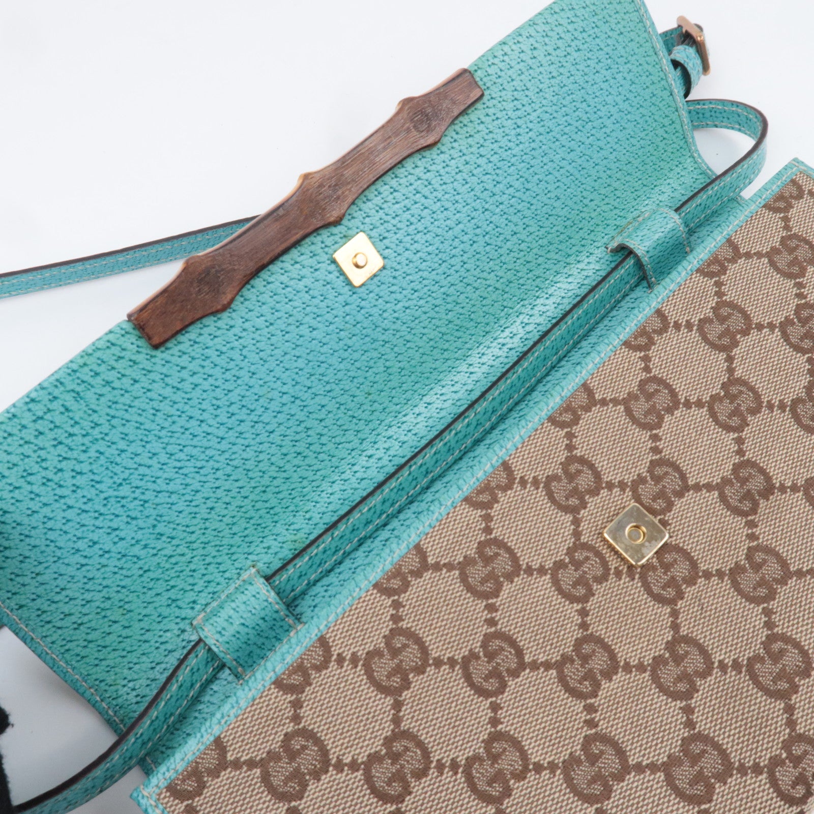 GUCCI Bamboo GG Canvas Shoulder Bag Beige Turquoise 117594