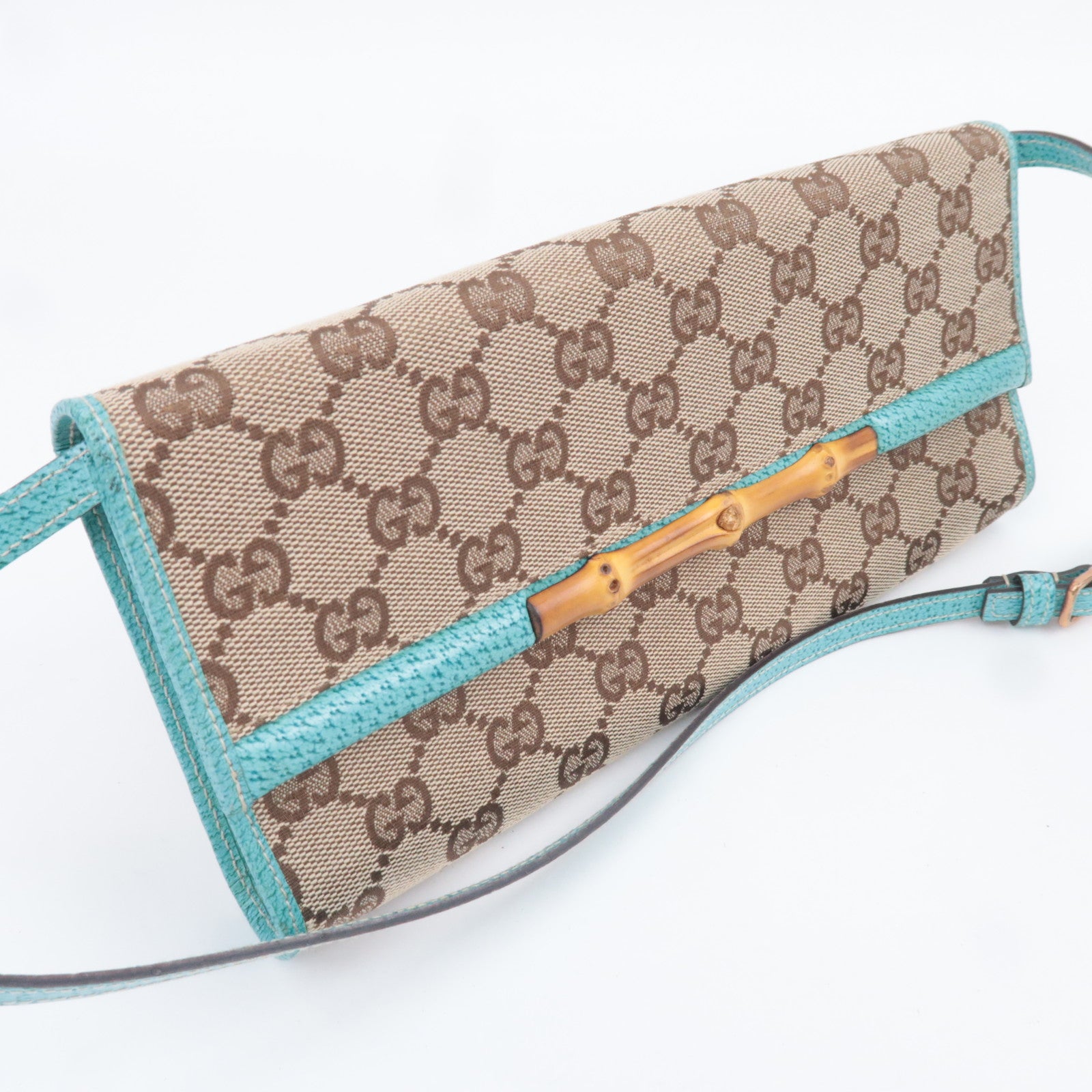 GUCCI Bamboo GG Canvas Shoulder Bag Beige Turquoise 117594
