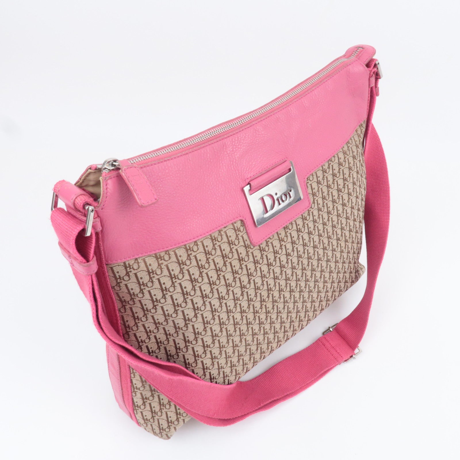 Christian Dior Street Chic Trotter Canvas Leather Shoulder Bag Beige Pink
