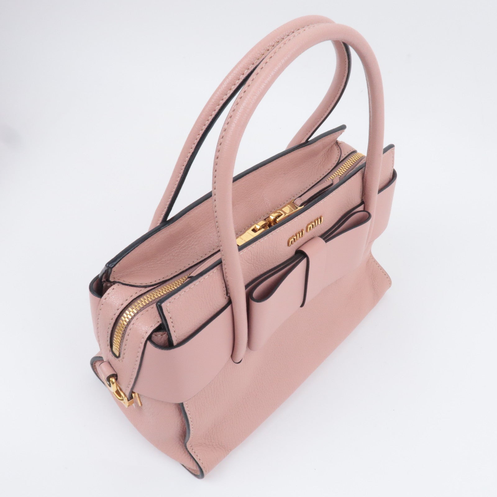 MIU MIU Ribbon Madras Fiocco Leather Handbag Pink 5BA056