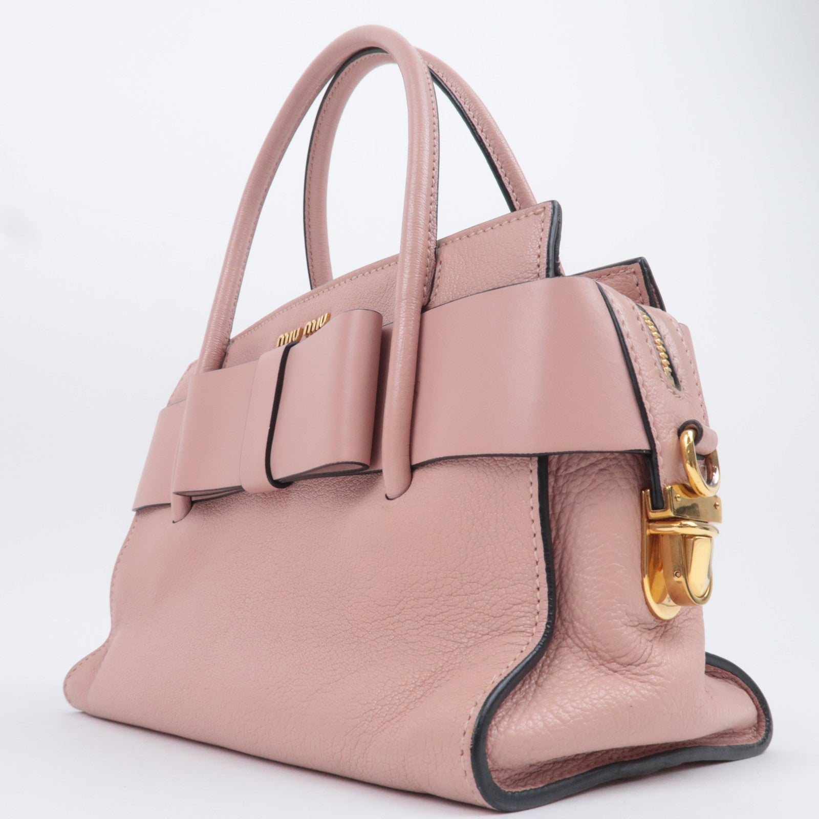 MIU MIU Ribbon Madras Fiocco Leather Handbag Pink 5BA056