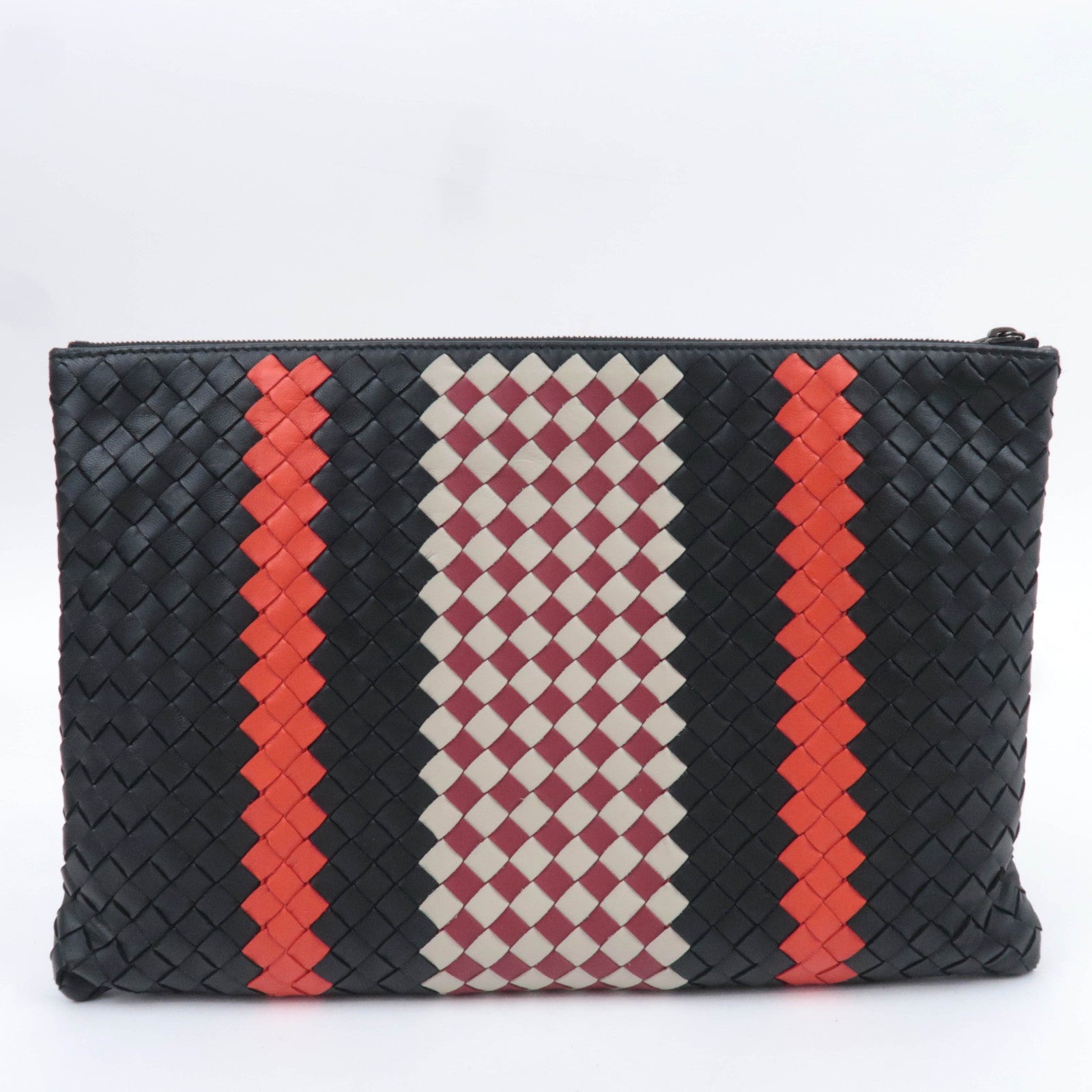 BOTTEGA VENETA Intrecciato Leather Clutch Bag Black Red