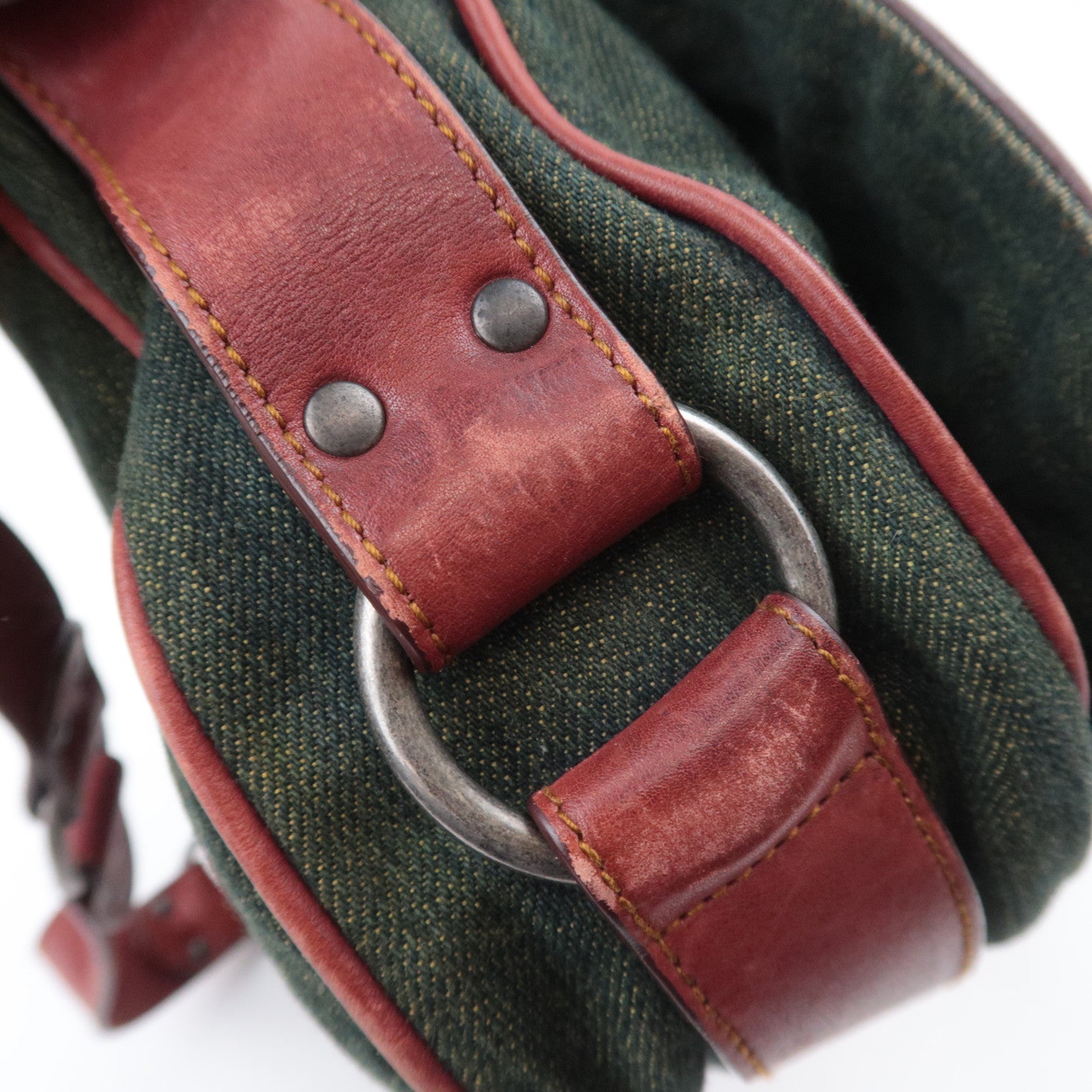 Christian Dior Gaucho Denim Leather Shoulder Bag Green Brown