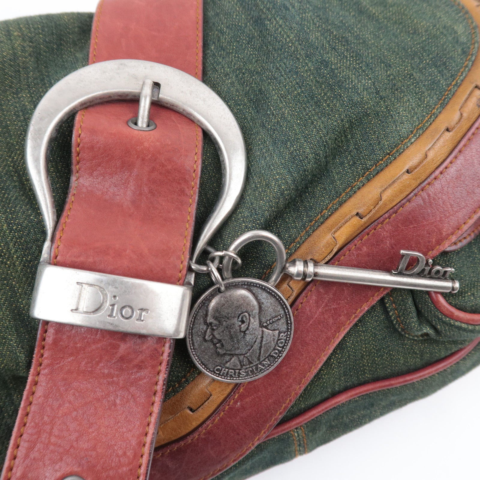 Christian Dior Gaucho Denim Leather Shoulder Bag Green Brown