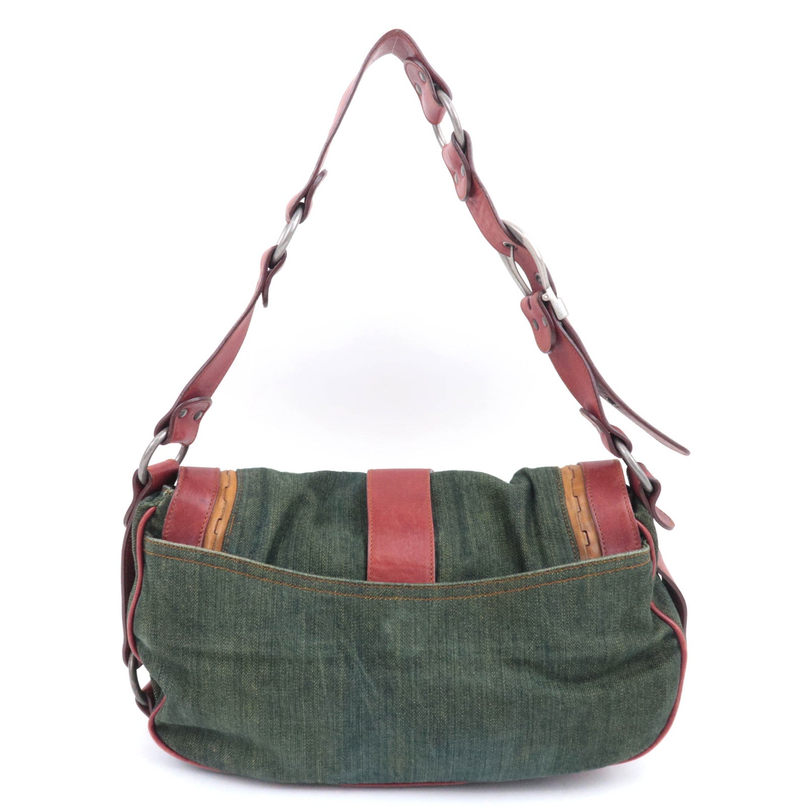 Christian Dior Gaucho Denim Leather Shoulder Bag Green Brown