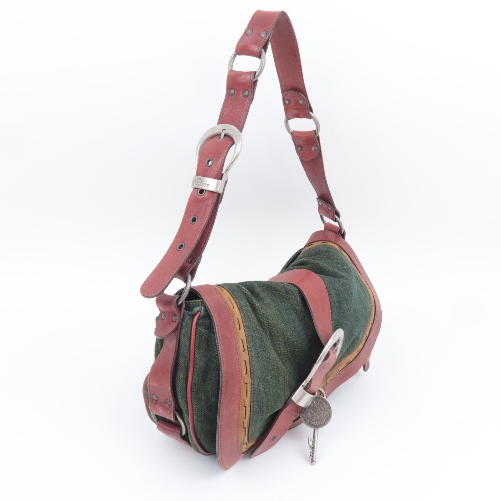 Christian Dior Gaucho Denim Leather Shoulder Bag Green Brown