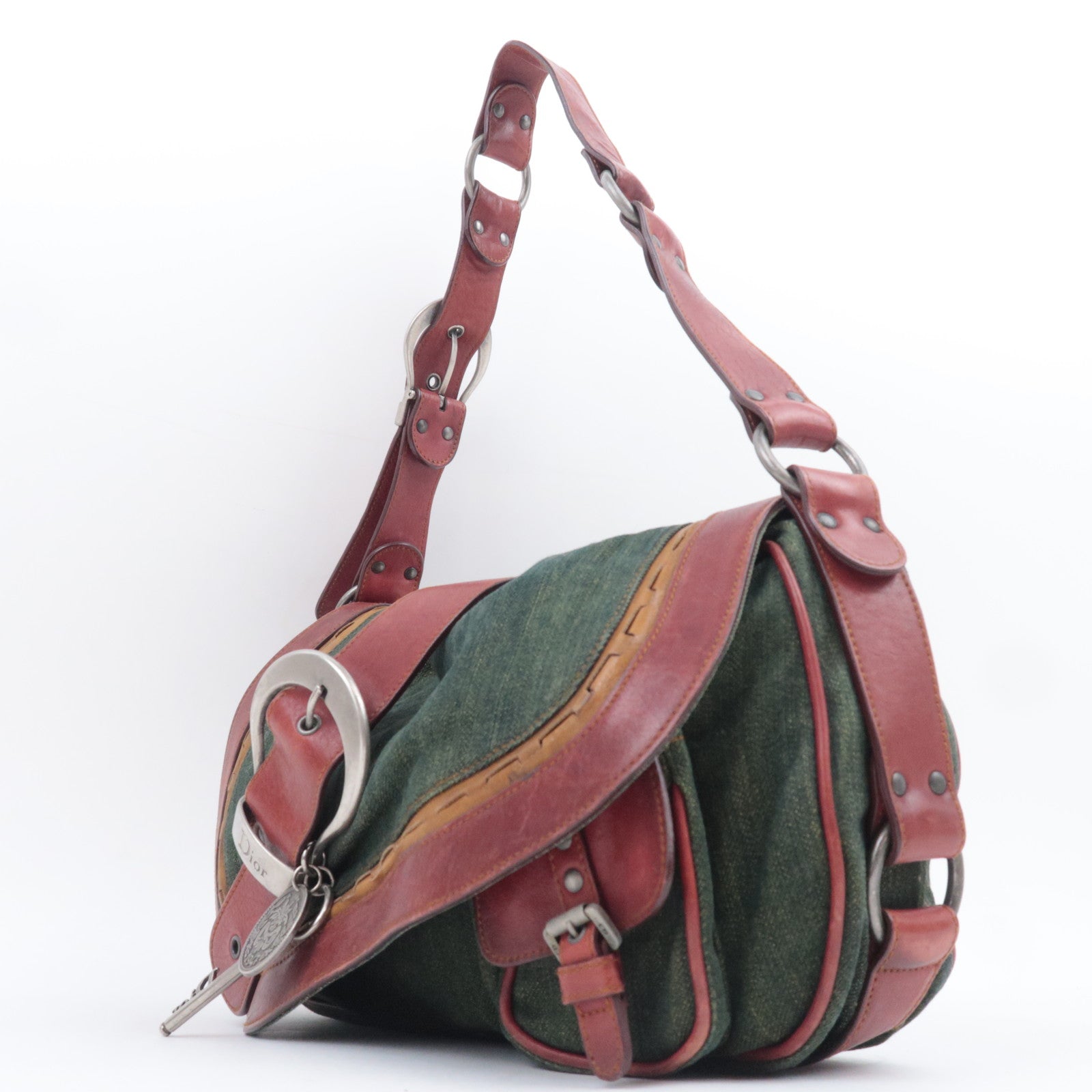 Christian Dior Gaucho Denim Leather Shoulder Bag Green Brown