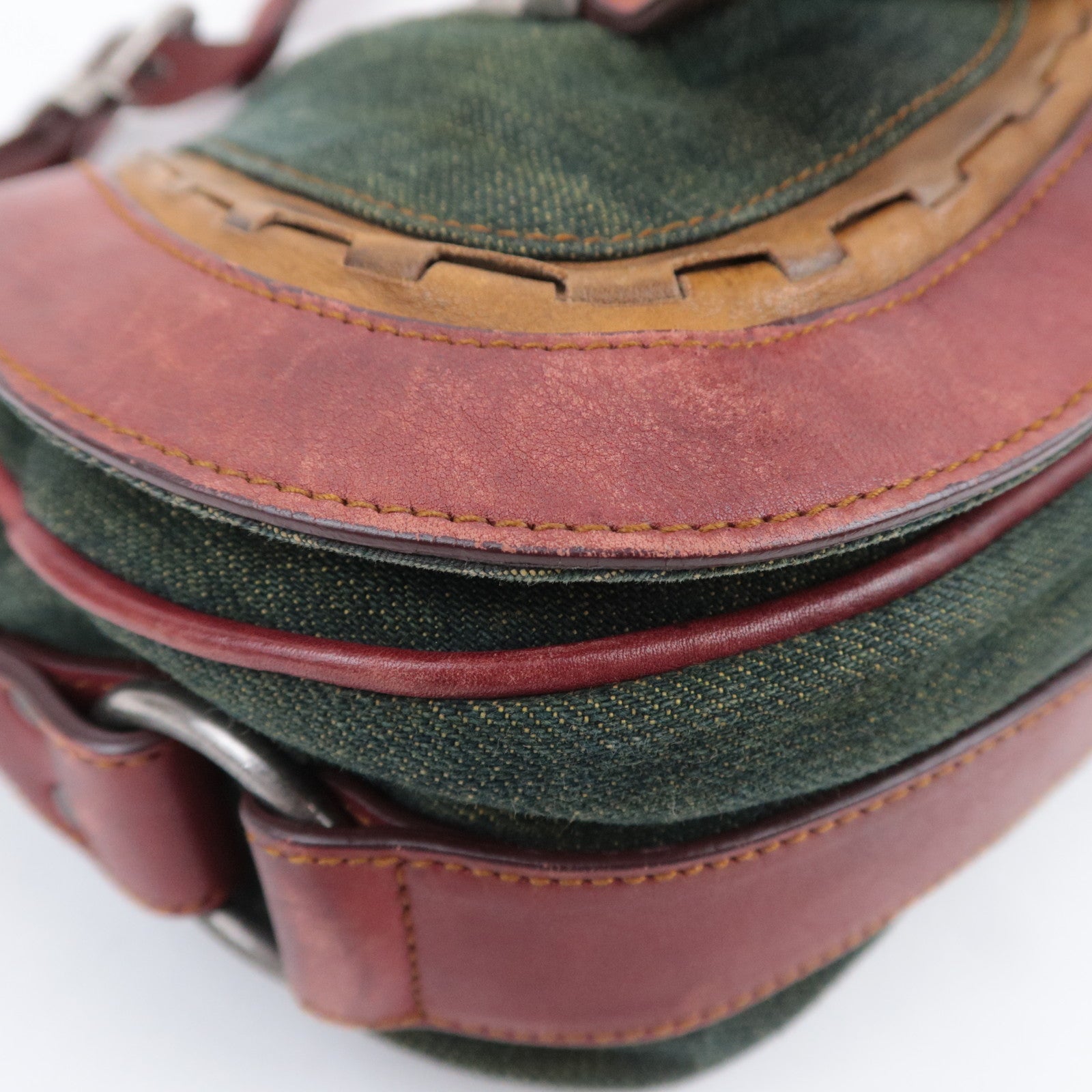 Christian Dior Gaucho Denim Leather Shoulder Bag Green Brown