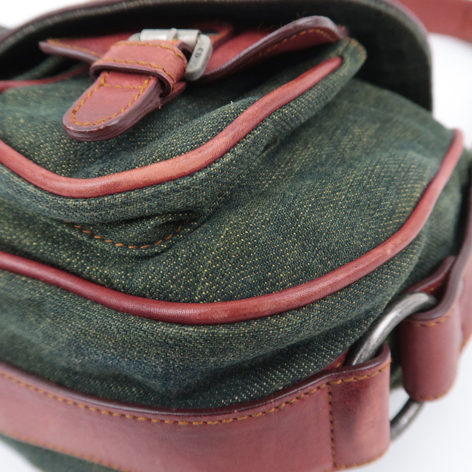 Christian Dior Gaucho Denim Leather Shoulder Bag Green Brown