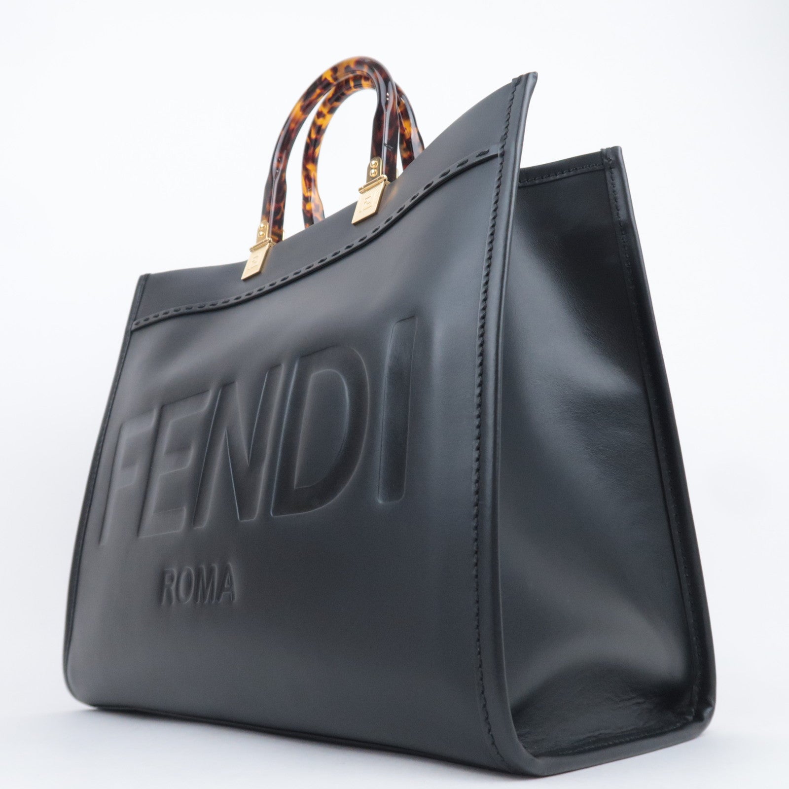 FENDI Sunshine Medium 2Way Leather Tote Bag Black 8BH386