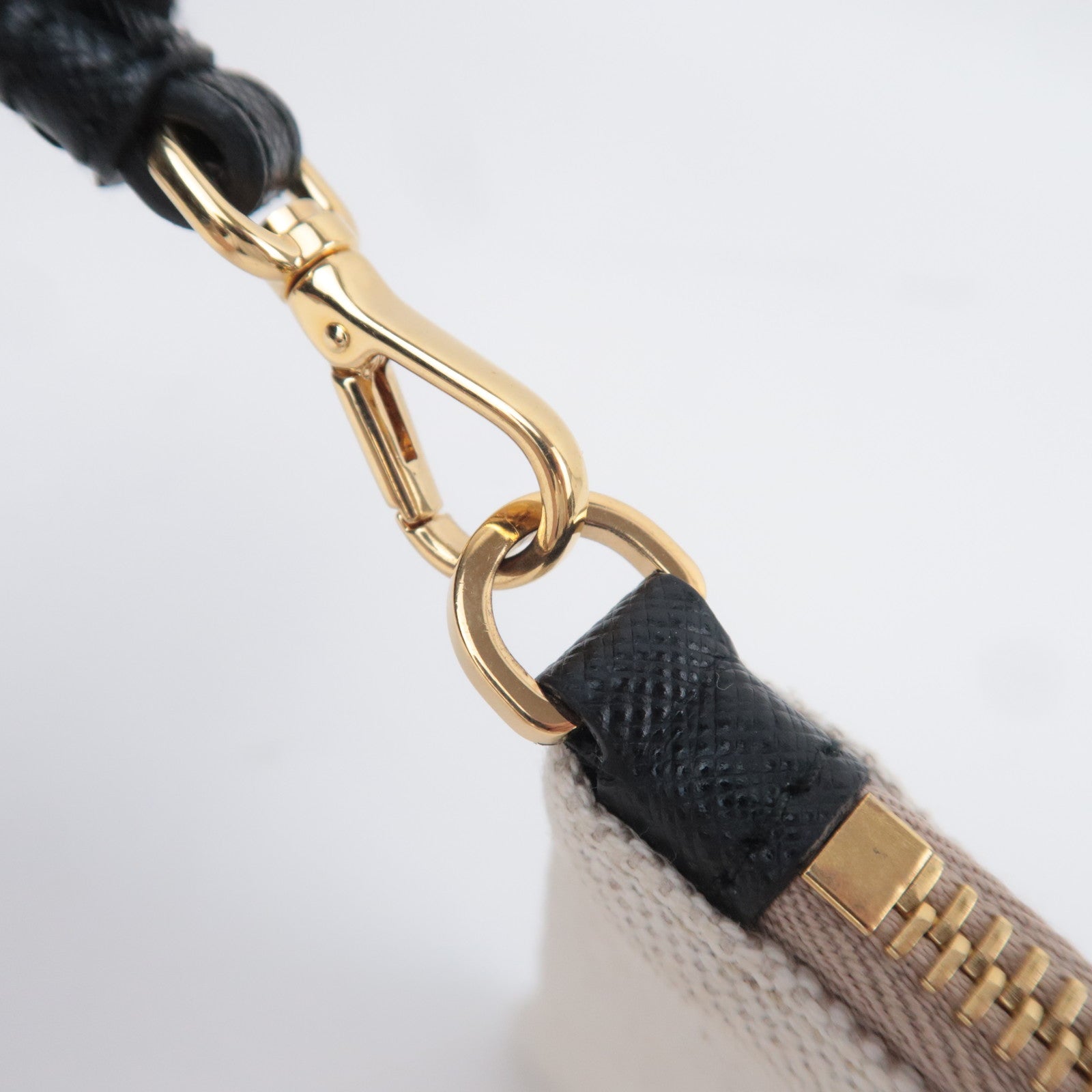 PRADA Canvas Leather Wristlet Pouch Ivory Black