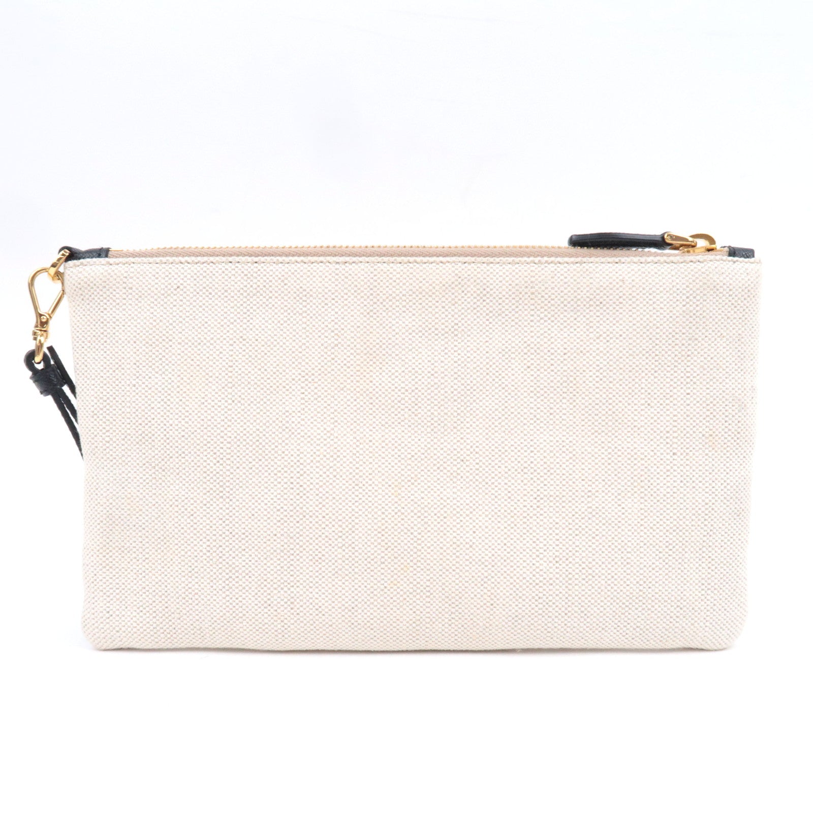 PRADA Canvas Leather Wristlet Pouch Ivory Black