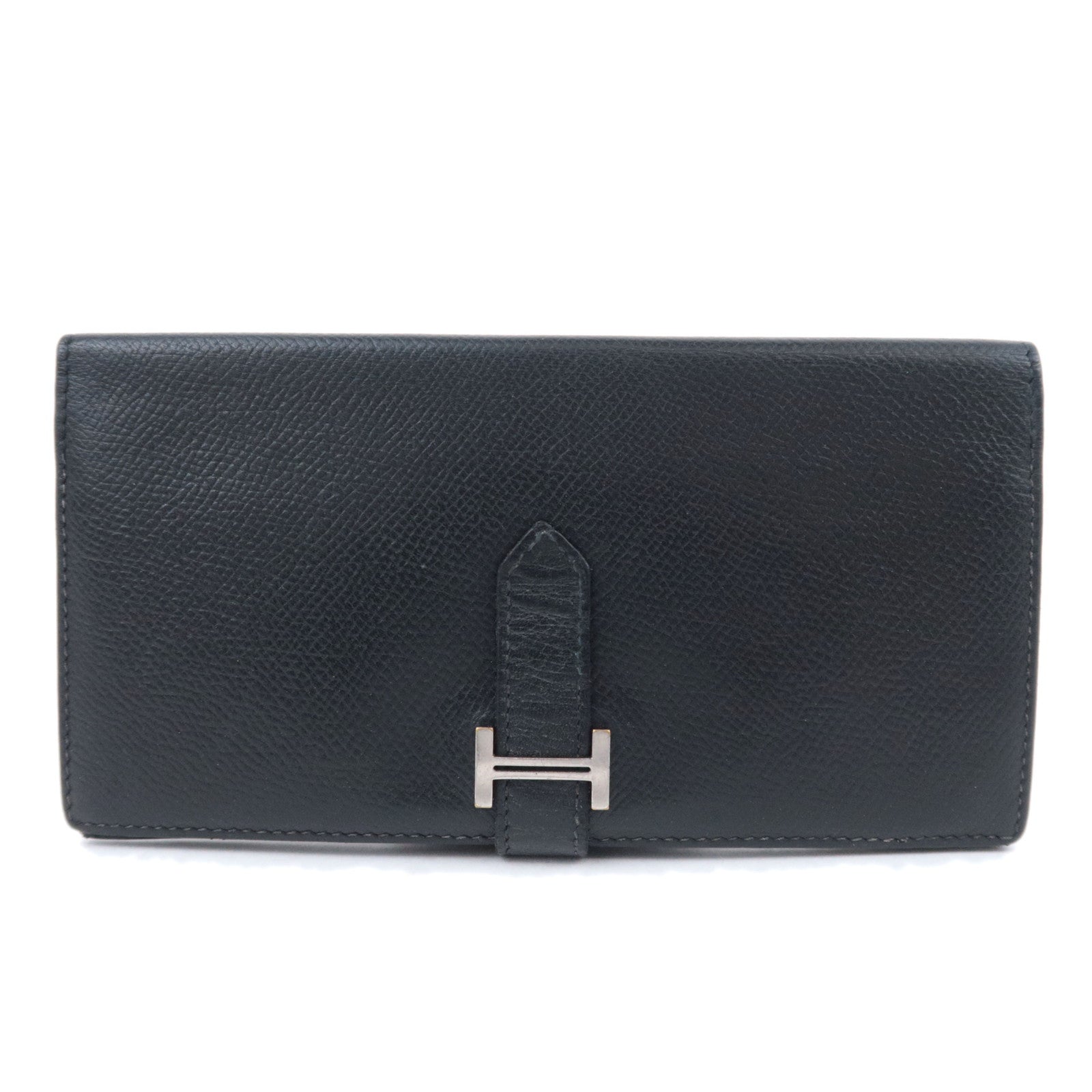HERMES Bearn Classic Leather Long Wallet □I Stamp (2005) Black Silver HDW90395