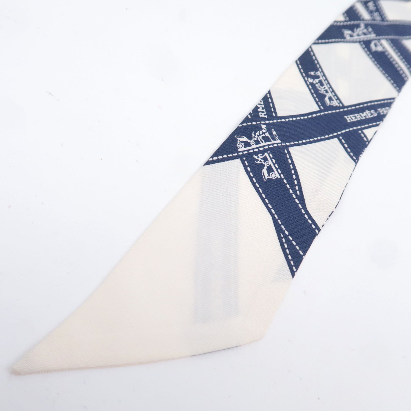 HERMES Twilly Scarf Bolduc 100% Silk Ivory Navy