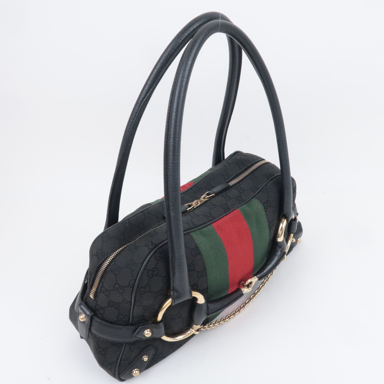 GUCCI Horsebit Sherry GG Canvas Shoulder Bag Black 131092