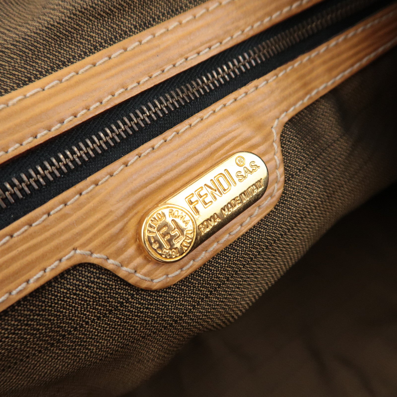 FENDI Zucca Canvas Leather Boston Bag Brown