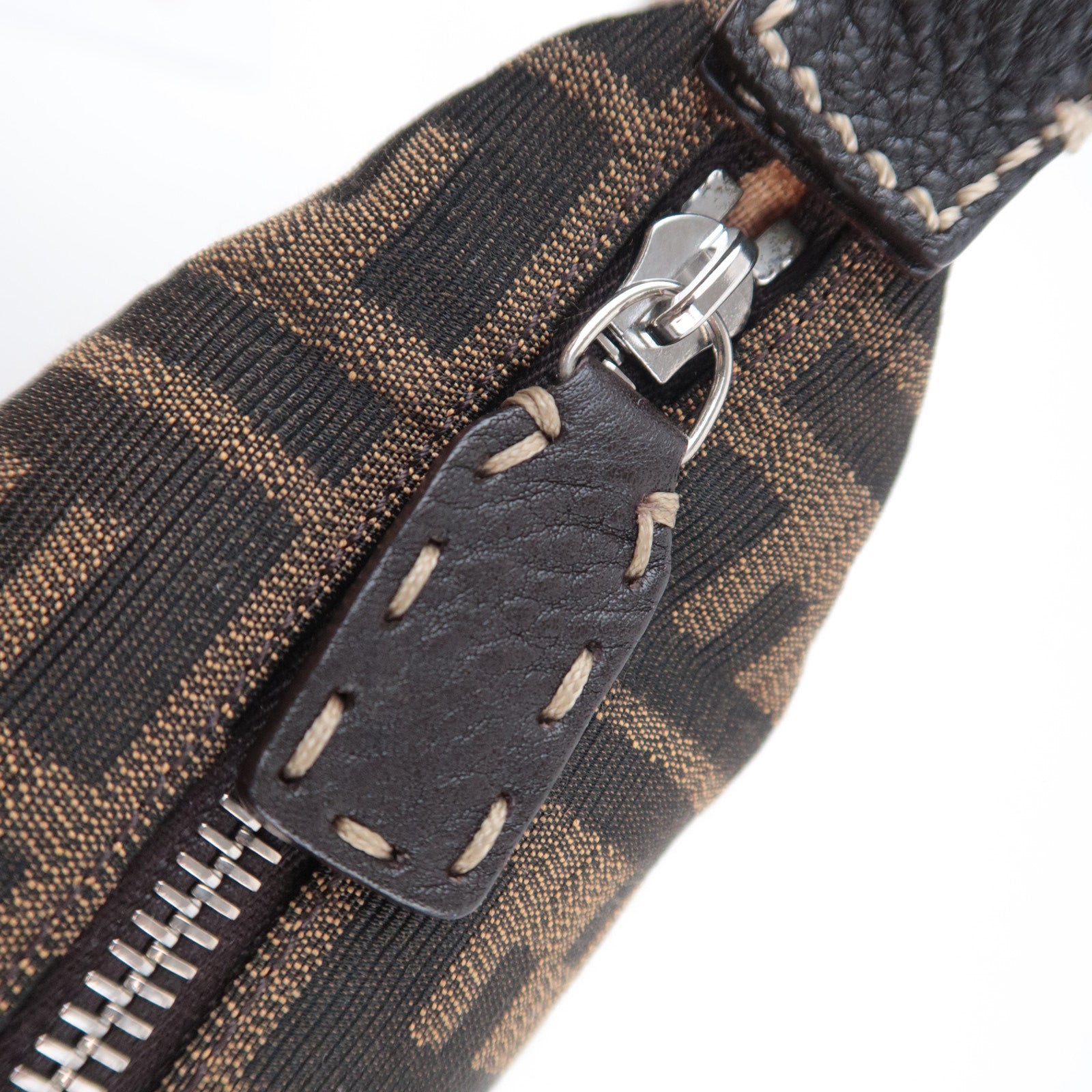 FENDI Selleria Zucca Canvas Leather Shoulder Bag Brown Black 8BT109