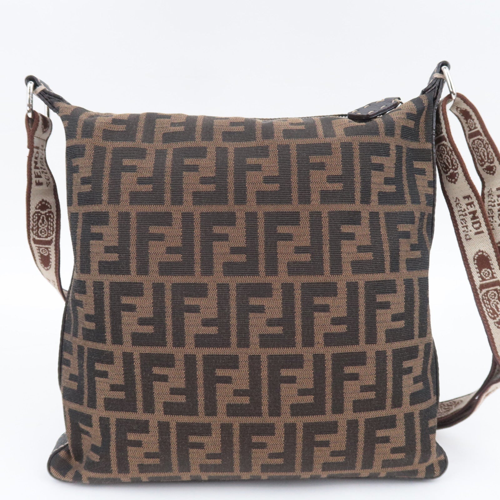 FENDI Selleria Zucca Canvas Leather Shoulder Bag Brown Black 8BT109