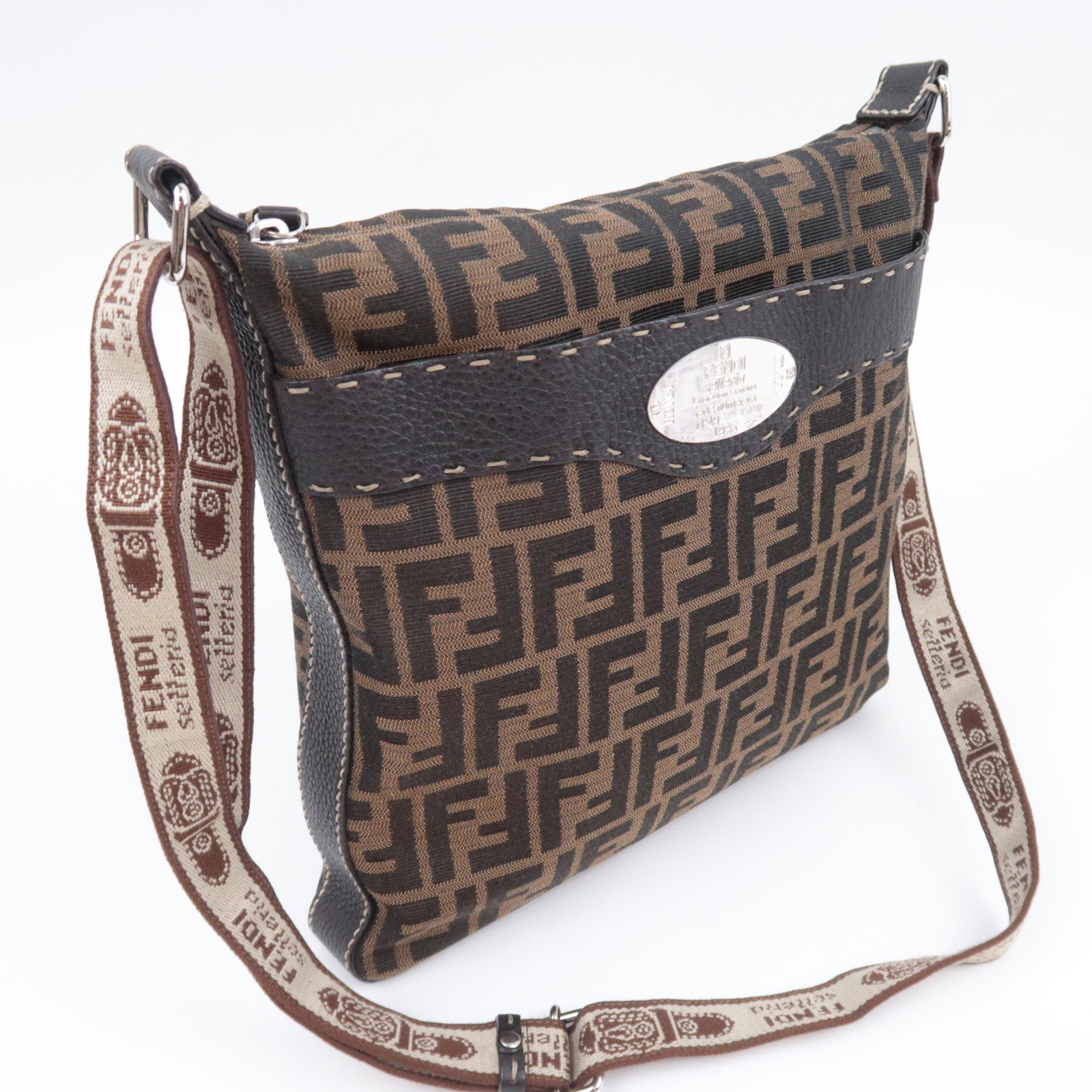 FENDI Selleria Zucca Canvas Leather Shoulder Bag Brown Black 8BT109