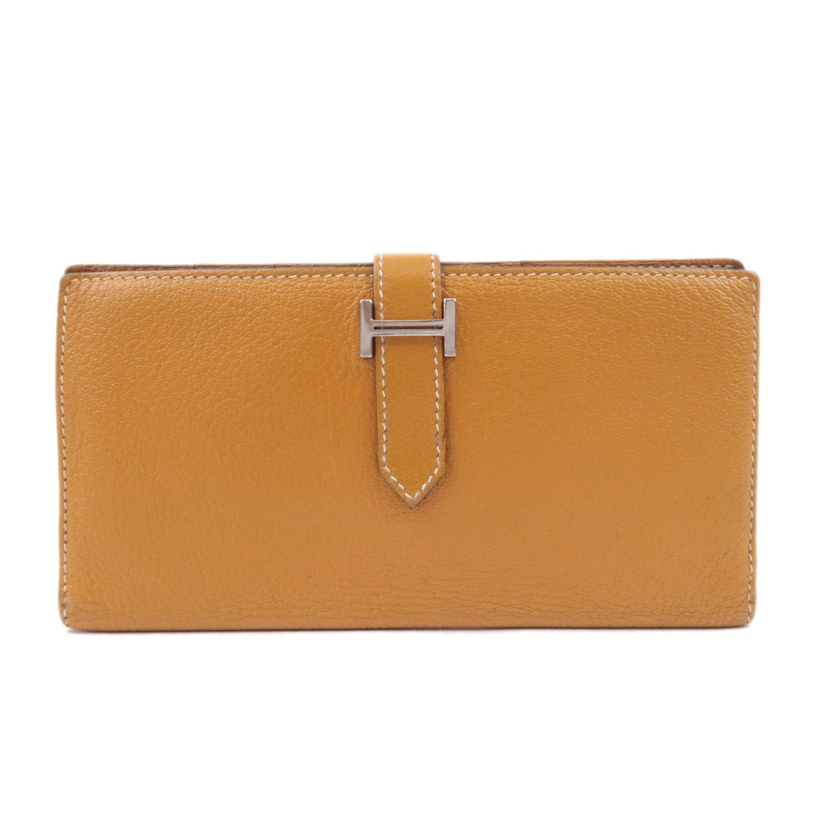 HERMES Bearn Classic Leather Long Wallet □I Stamp (2005) Brown Silver HDW90584