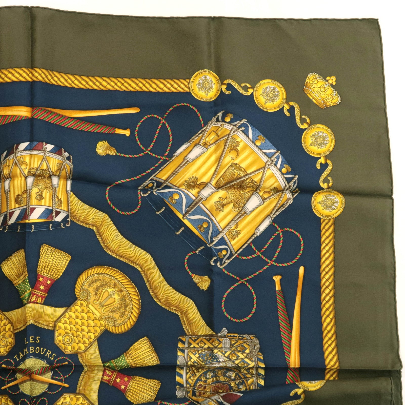 HERMES Carre 90 Scarf LES TAMBOURS 100% Silk Navy Khaki