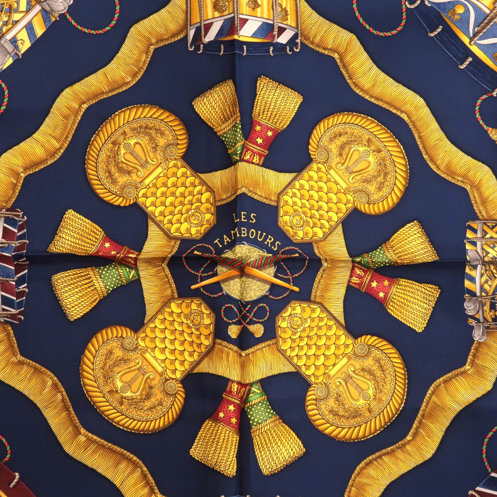 HERMES Carre 90 Scarf LES TAMBOURS 100% Silk Navy Khaki
