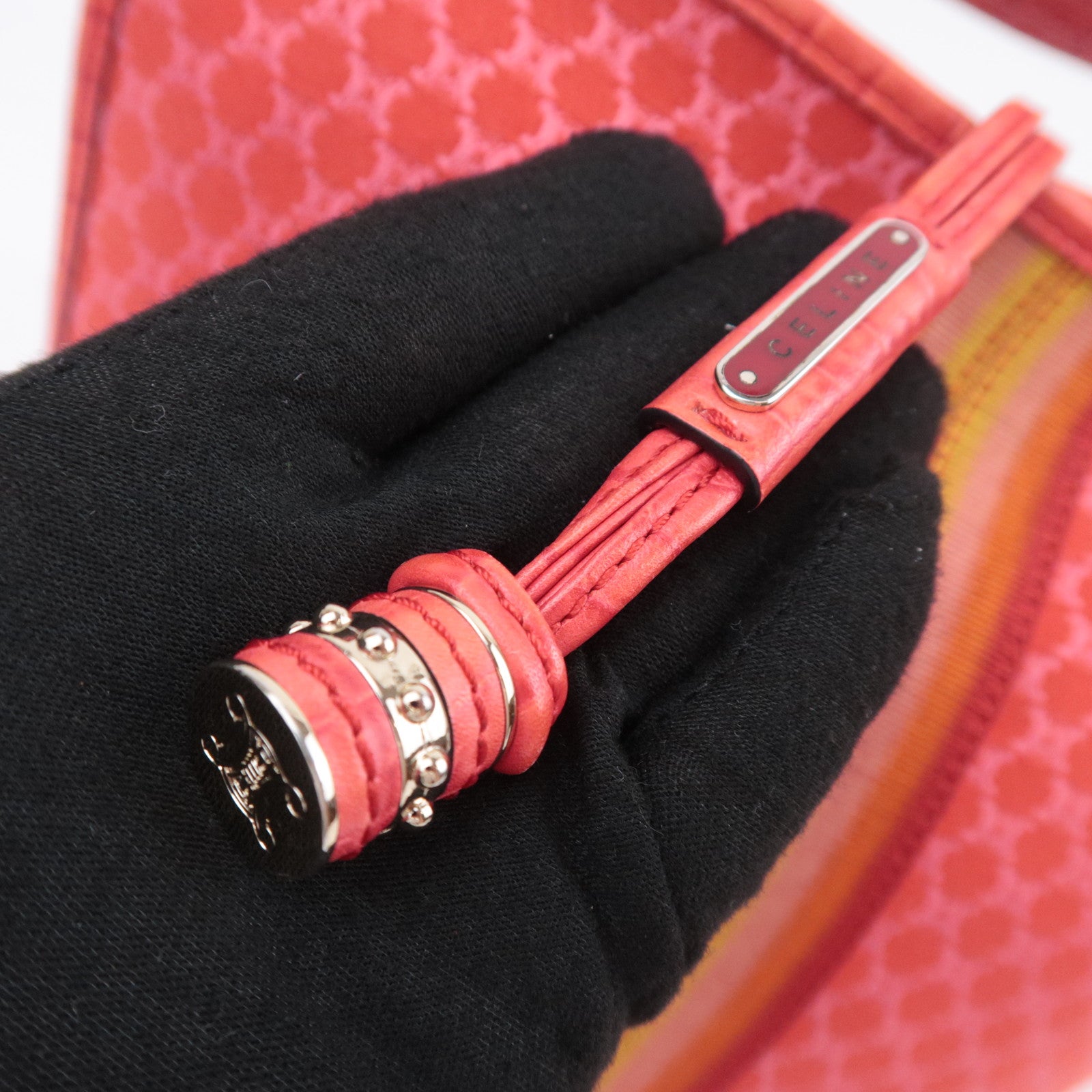 CELINE Macadam Shoulder Bag Canvas Embossed Leather Red