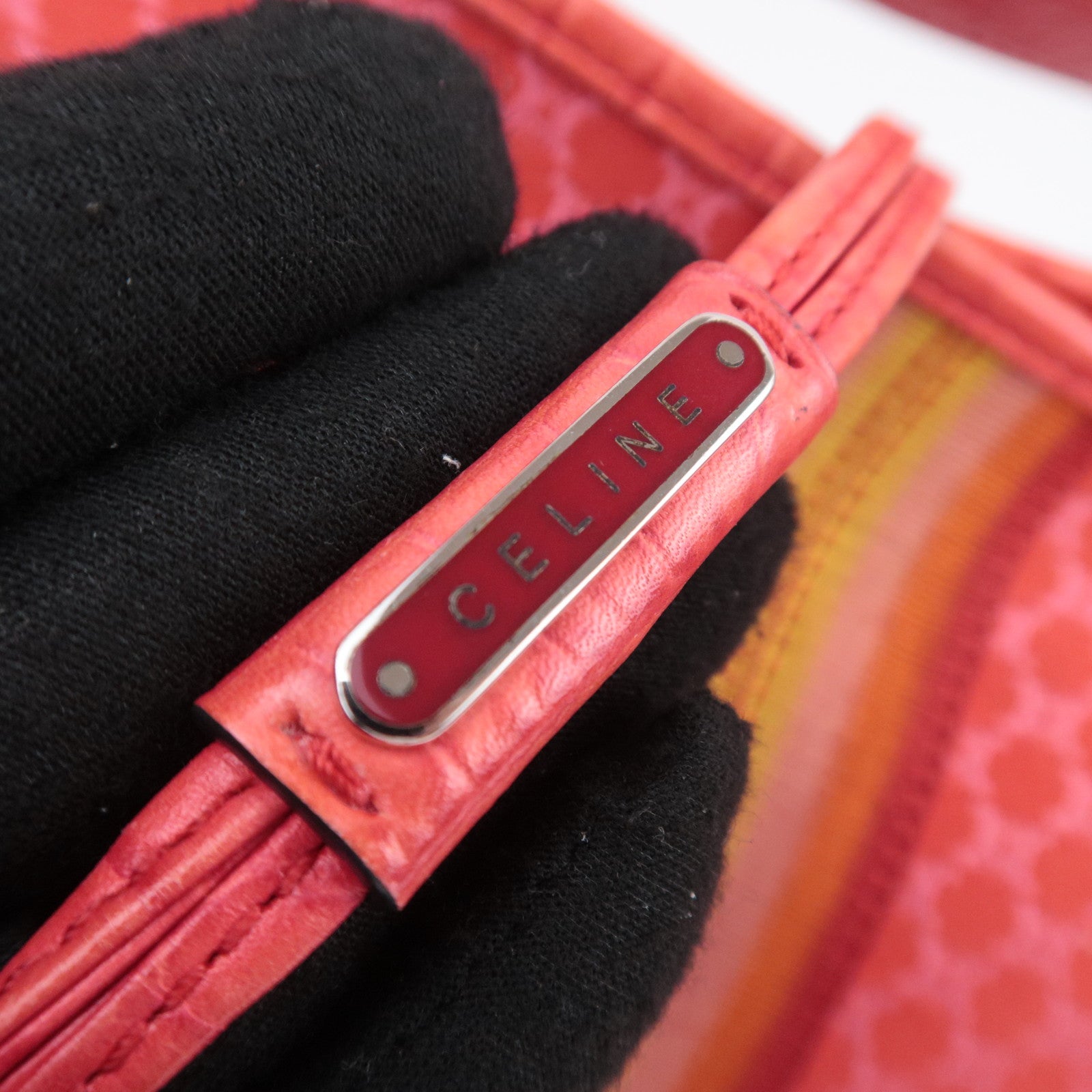 CELINE Macadam Shoulder Bag Canvas Embossed Leather Red