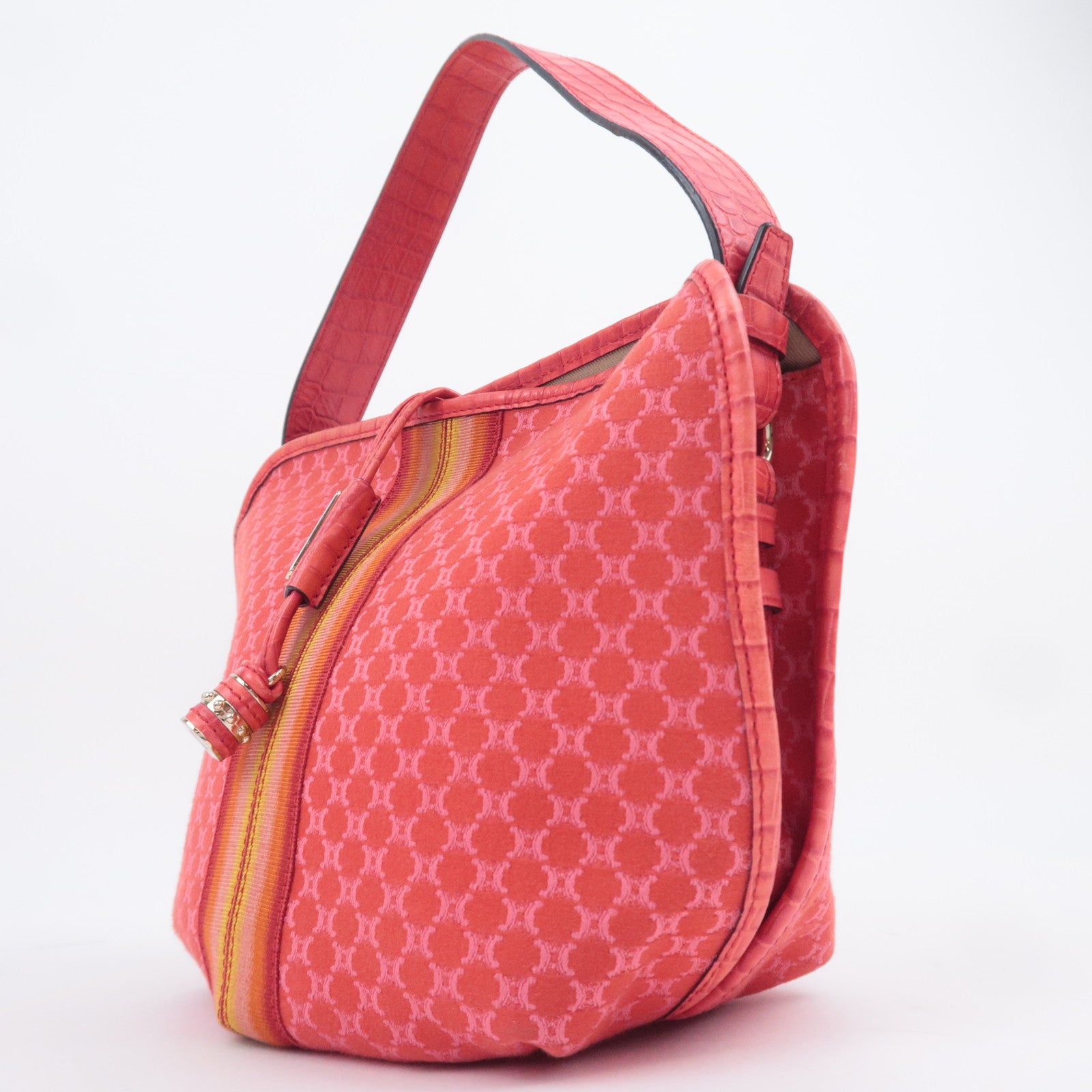 CELINE Macadam Shoulder Bag Canvas Embossed Leather Red