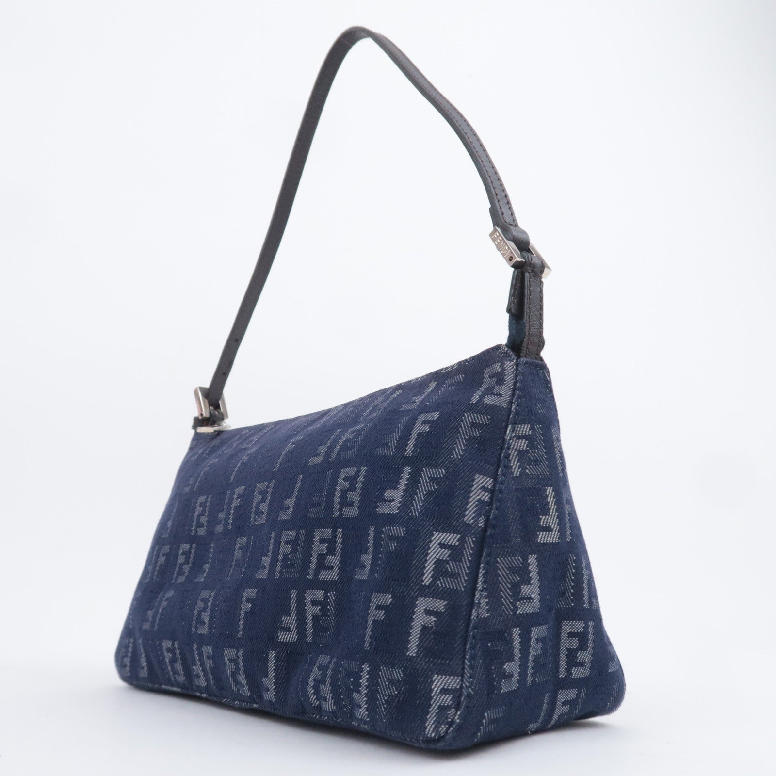 FENDI Zucchino Denim Leather Shoulder Bag Navy 8BR267