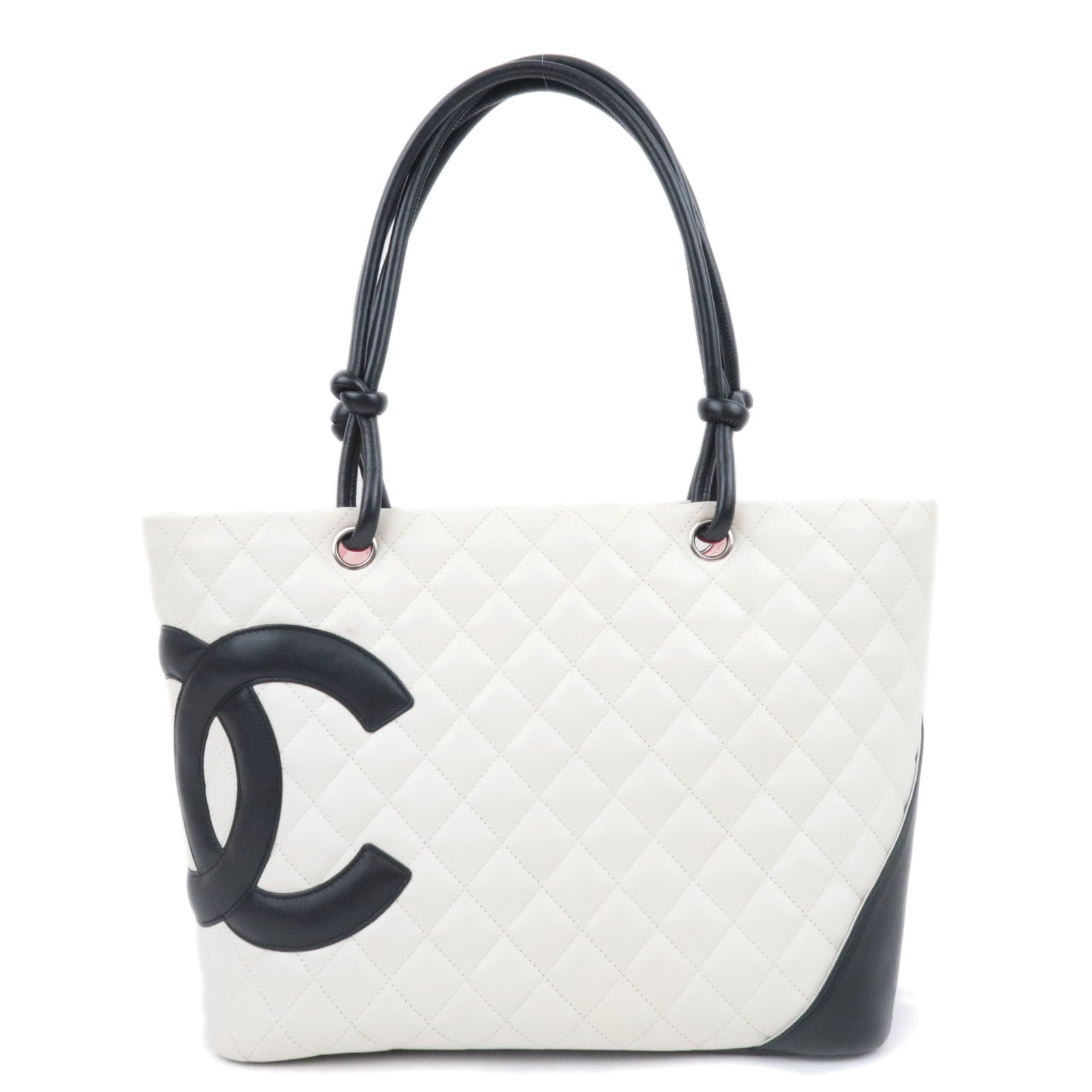 CHANEL Cambon Line Lambskin Tote Bag White Black90663