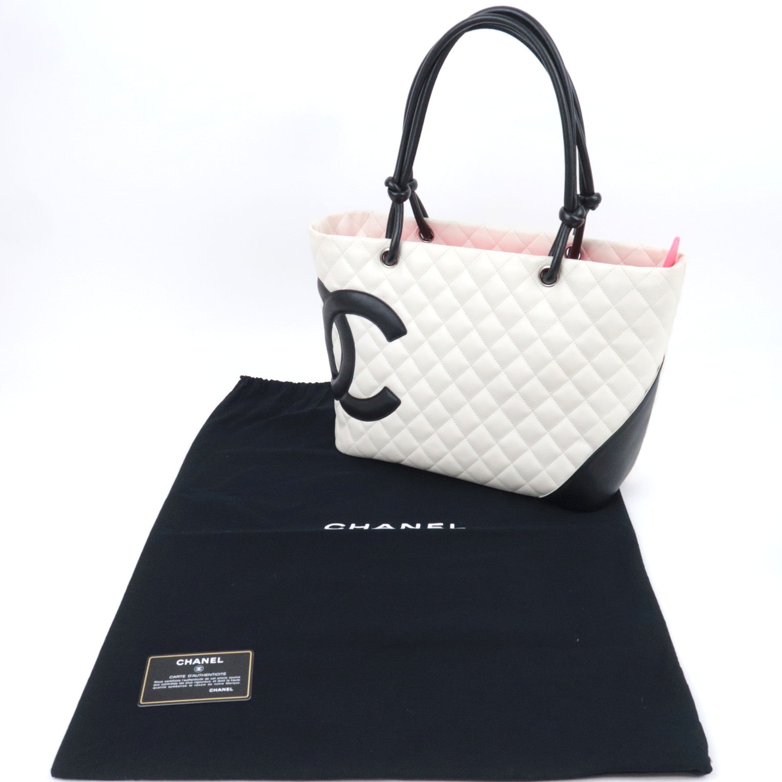 CHANEL Cambon Line Lambskin Tote Bag White Black