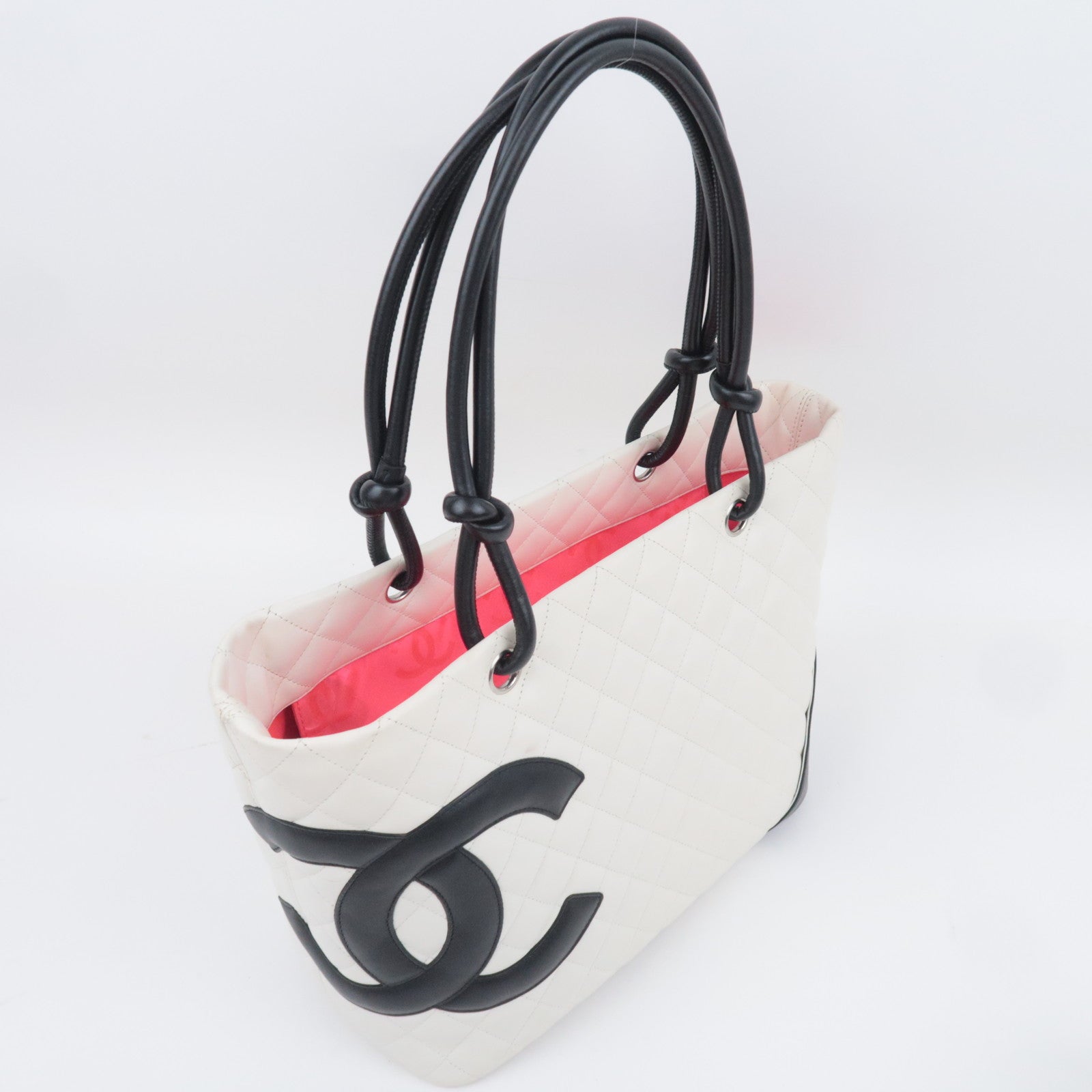 CHANEL Cambon Line Lambskin Tote Bag White Black