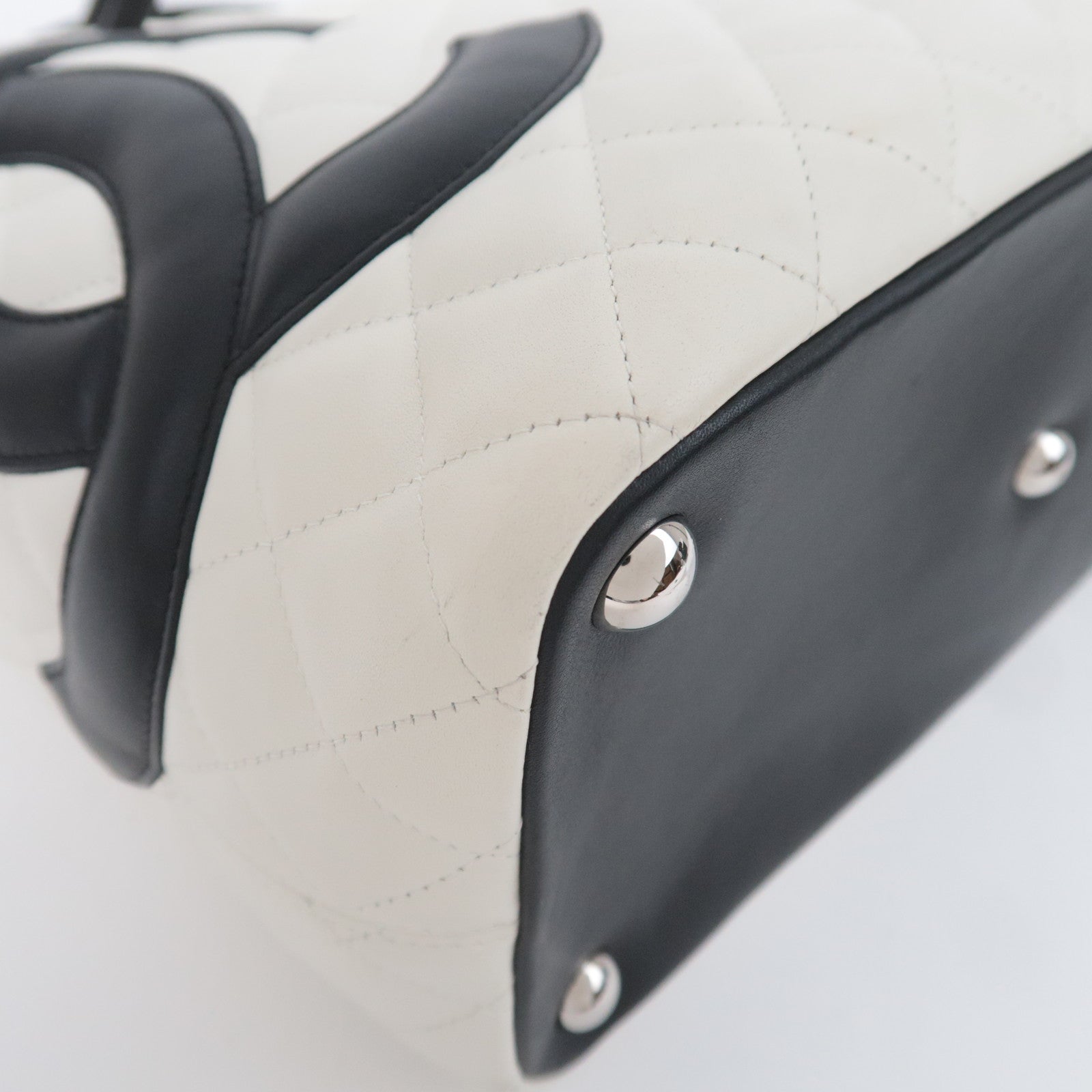 CHANEL Cambon Line Lambskin Tote Bag White Black