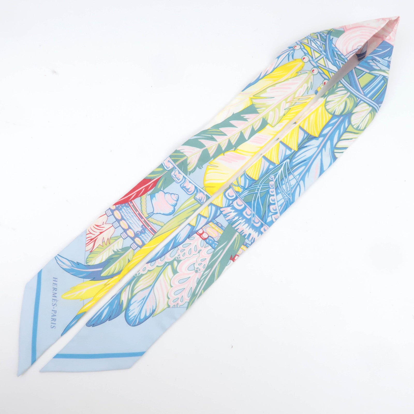 HERMES Twilly Scarf DANSE PACIFIQUE 100% Silk Light Blue
