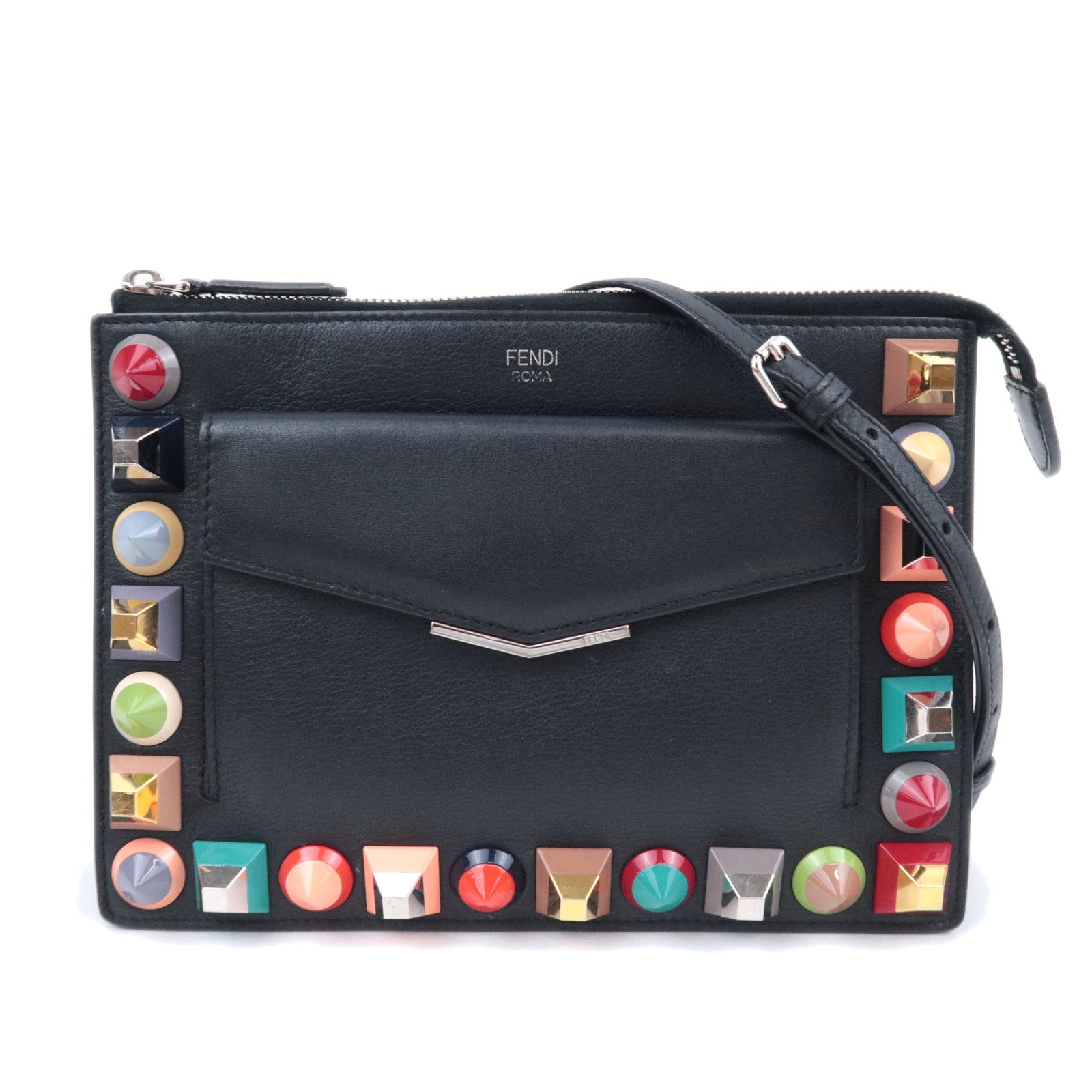 FENDI 2 Jours Multi Studs Leather Shoulder Bag Black 8M036990824