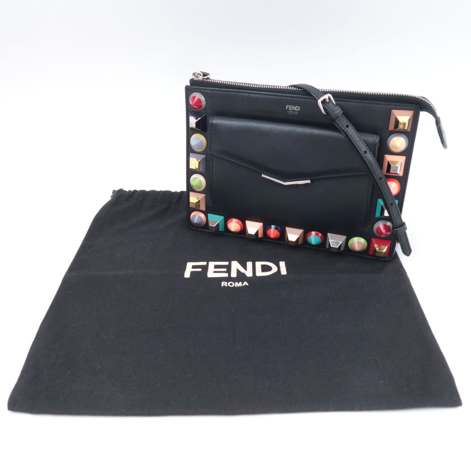 FENDI 2 Jours Multi Studs Leather Shoulder Bag Black 8M0369