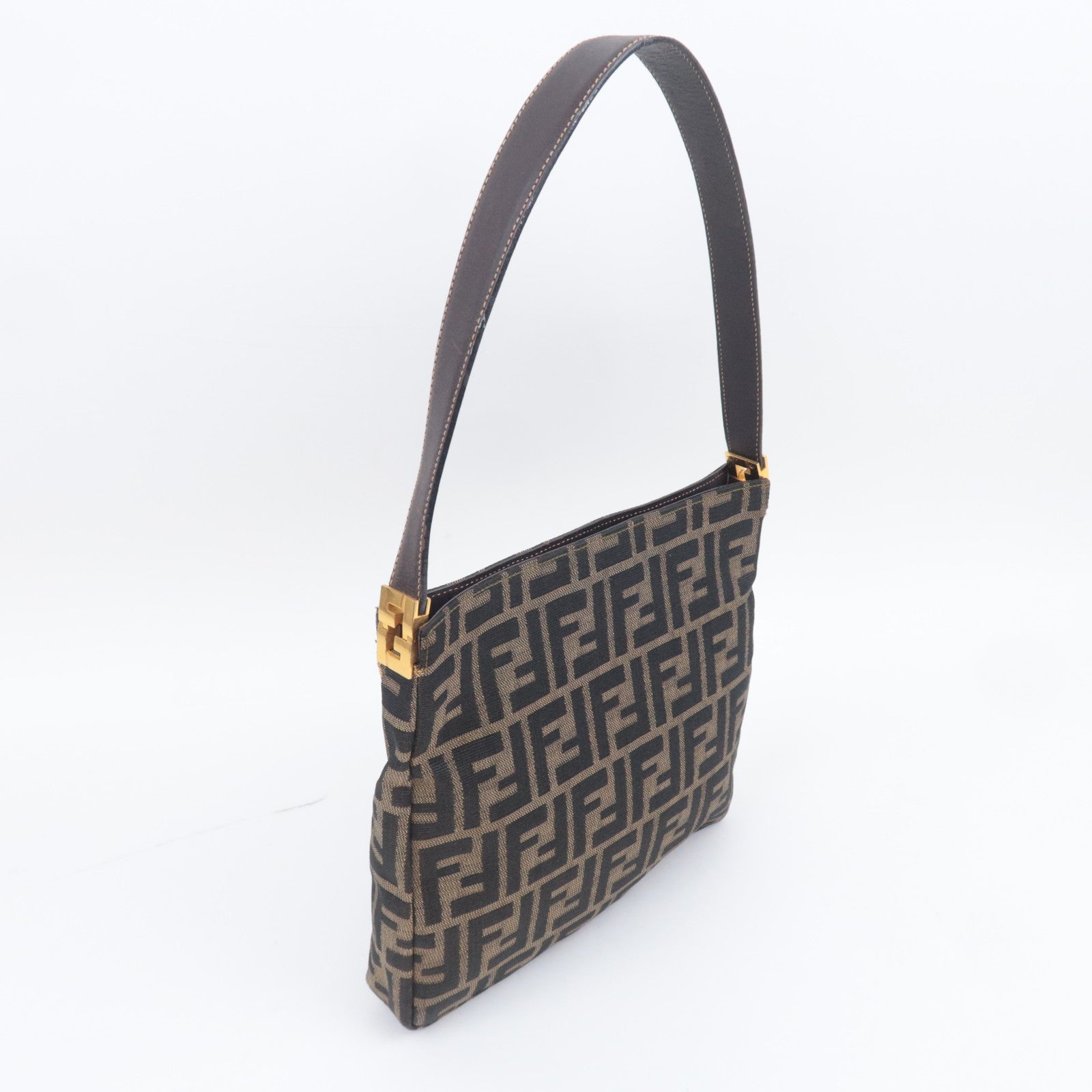 FENDI Zucca Canvas Leather Shoulder Bag Brown