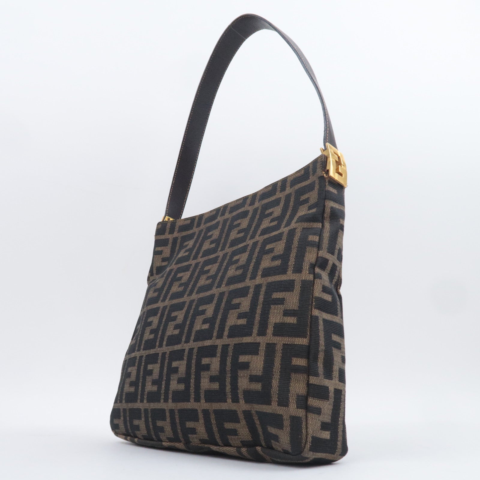 FENDI Zucca Canvas Leather Shoulder Bag Brown