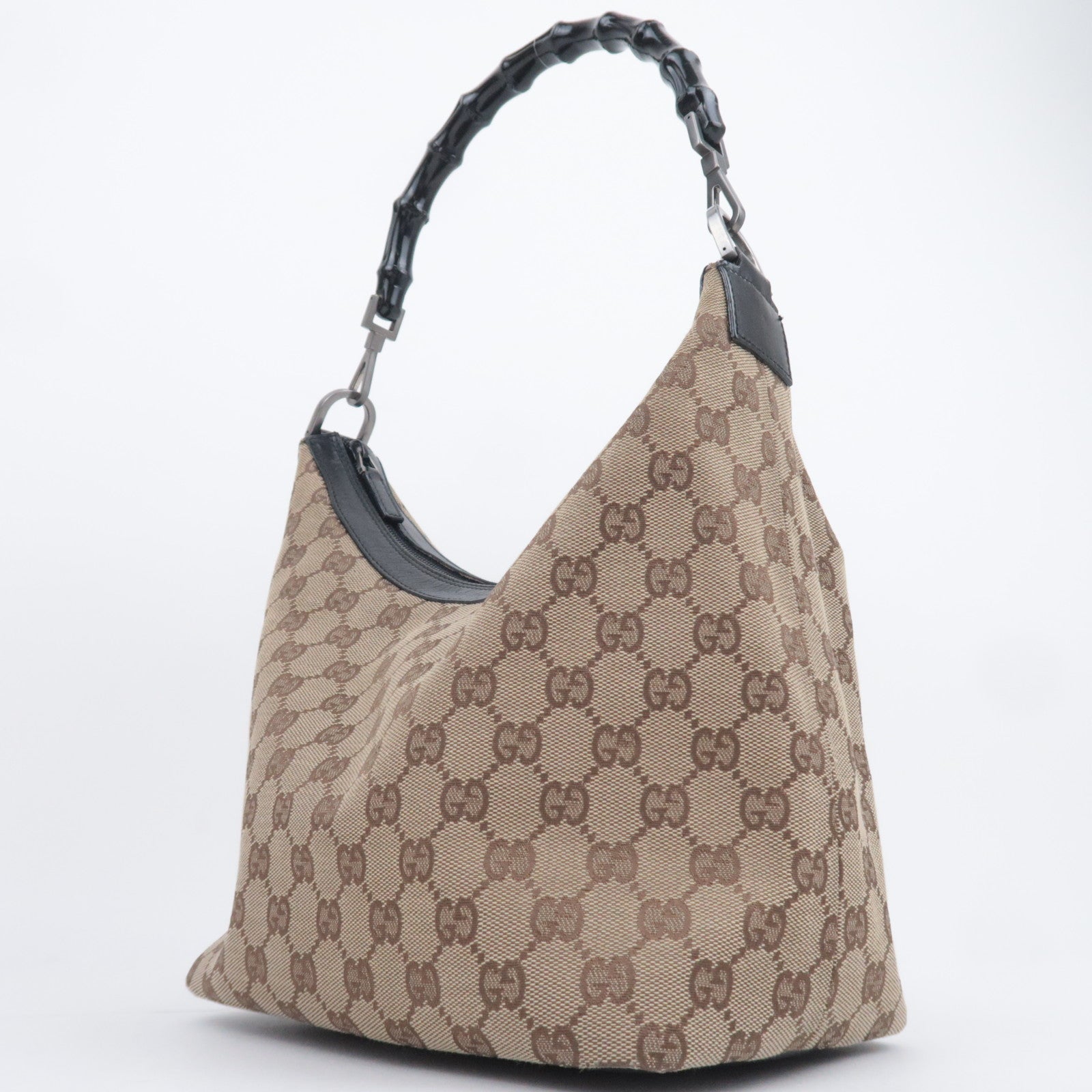 GUCCI Bamboo GG Canvas Shoulder Bag Beige Black 000.0531
