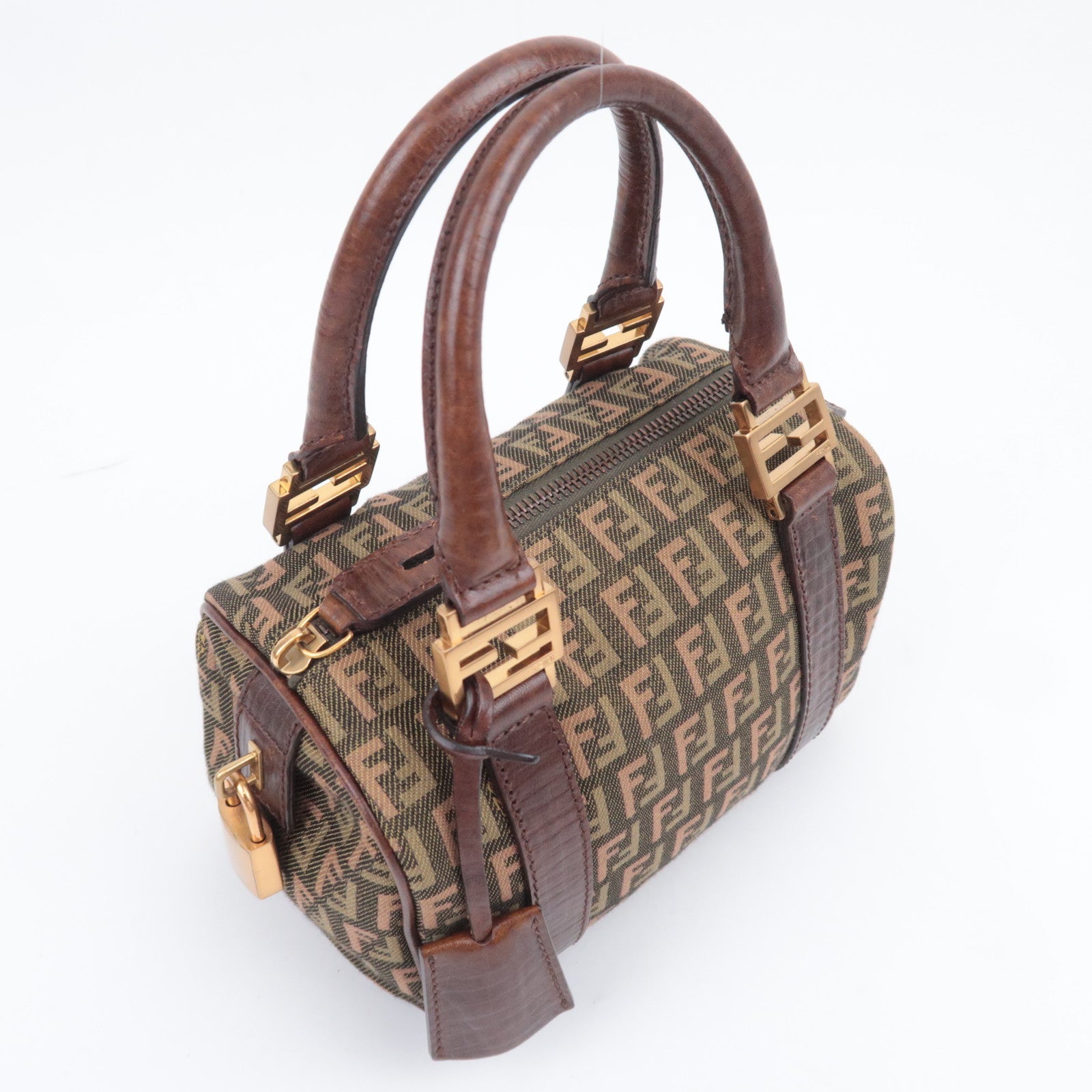 FENDI Zucchino Canvas Leather Handbag Khaki Brown 8BL071