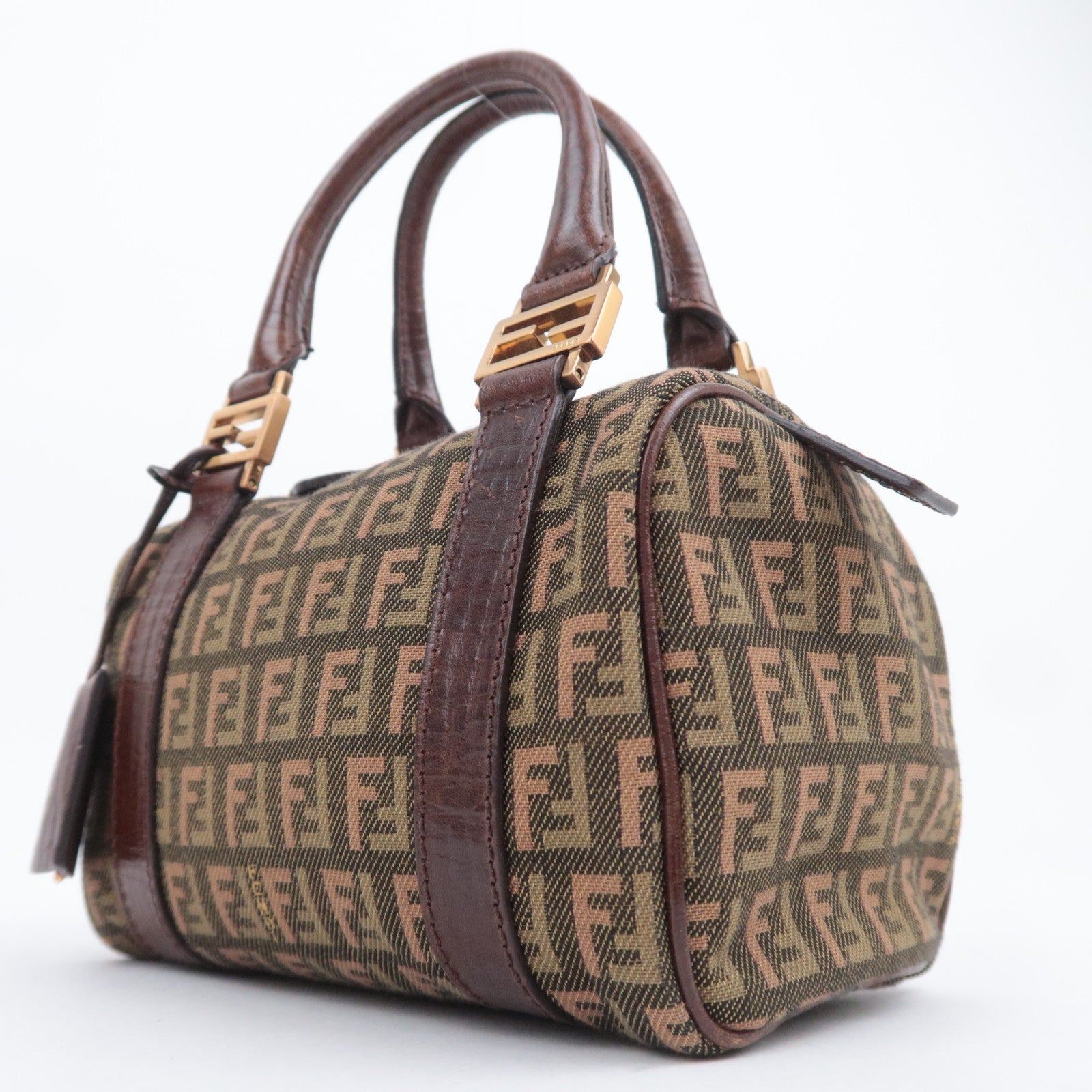 FENDI Zucchino Canvas Leather Handbag Khaki Brown 8BL071