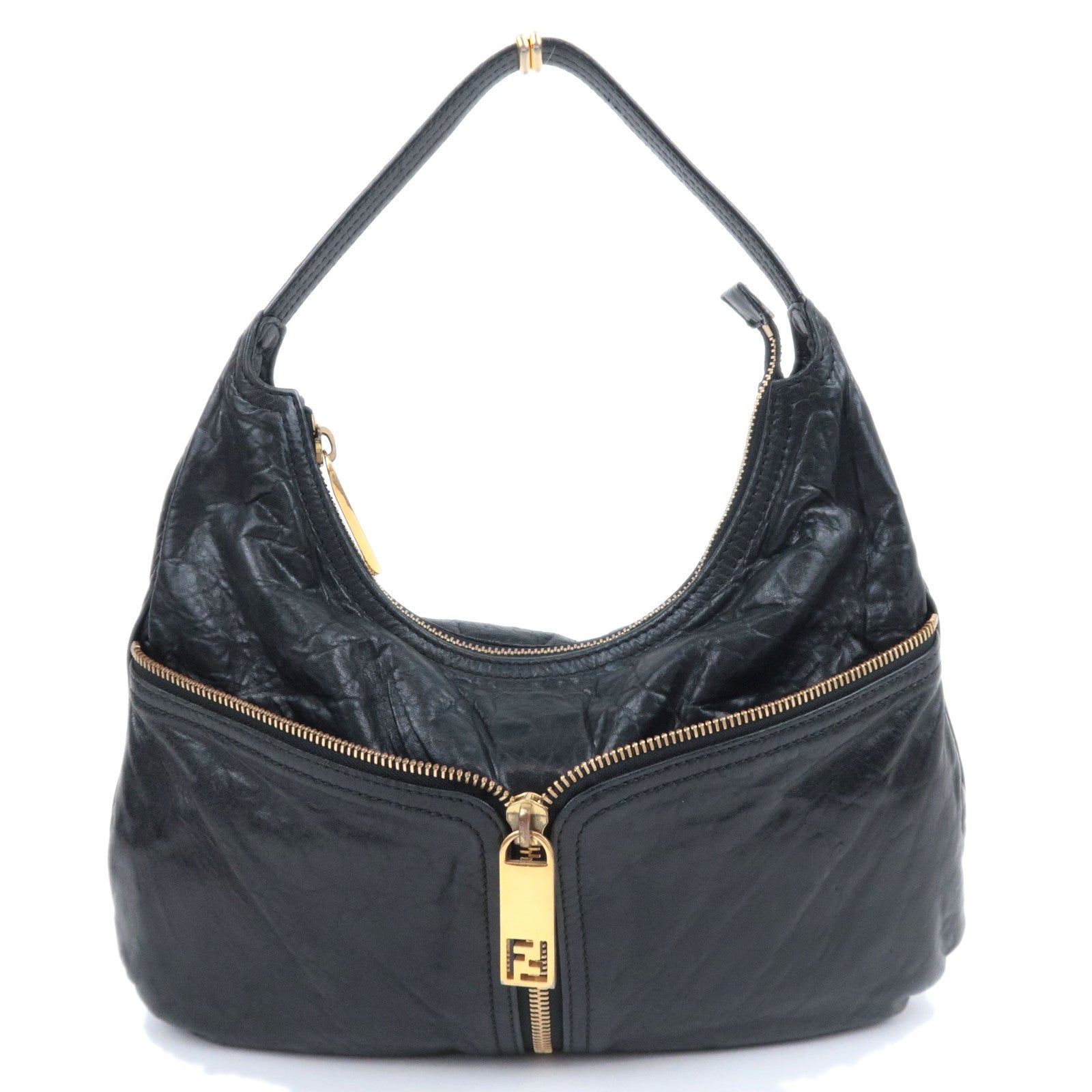 FENDI Unzipped Leather Shoulder Bag Black 8BR624 90843