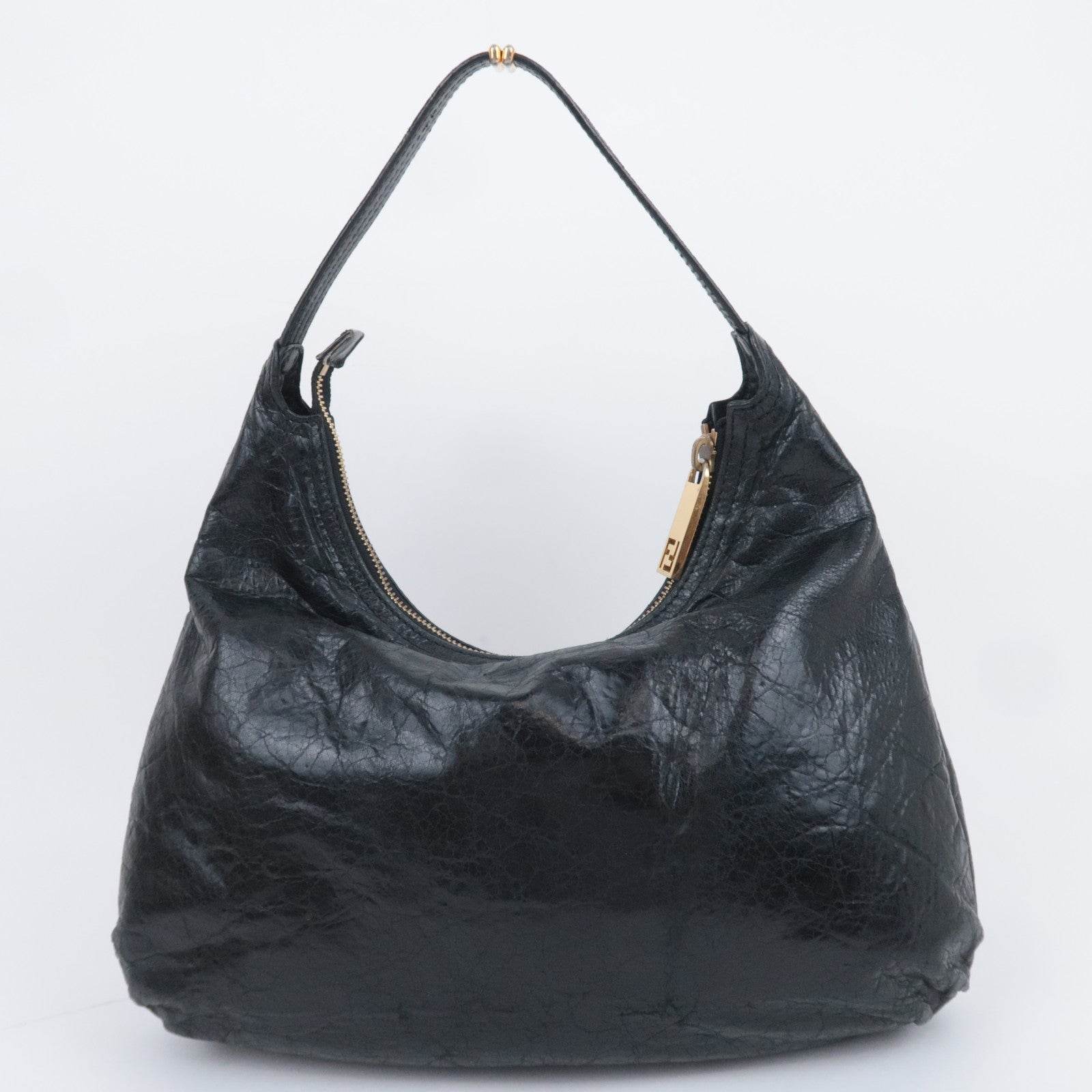 FENDI Unzipped Leather Shoulder Bag Black 8BR624