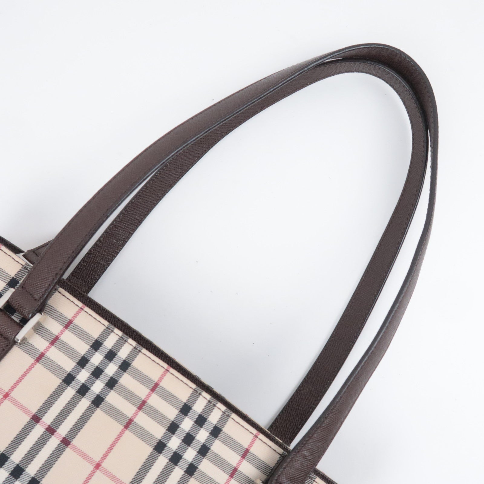 BURBERRY Nova Plaid Canvas Leather Tote Bag Beige Brown