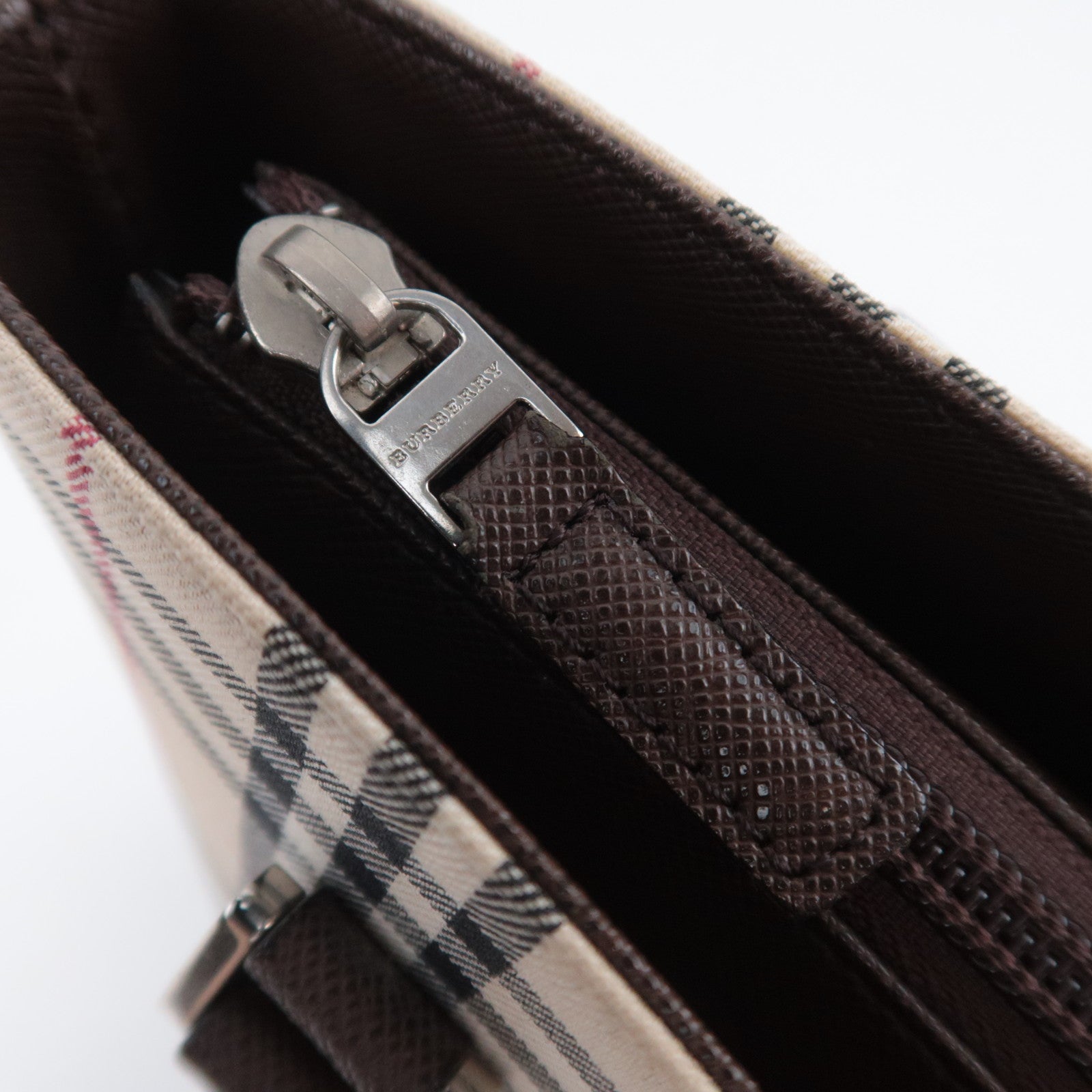 BURBERRY Nova Plaid Canvas Leather Tote Bag Beige Brown