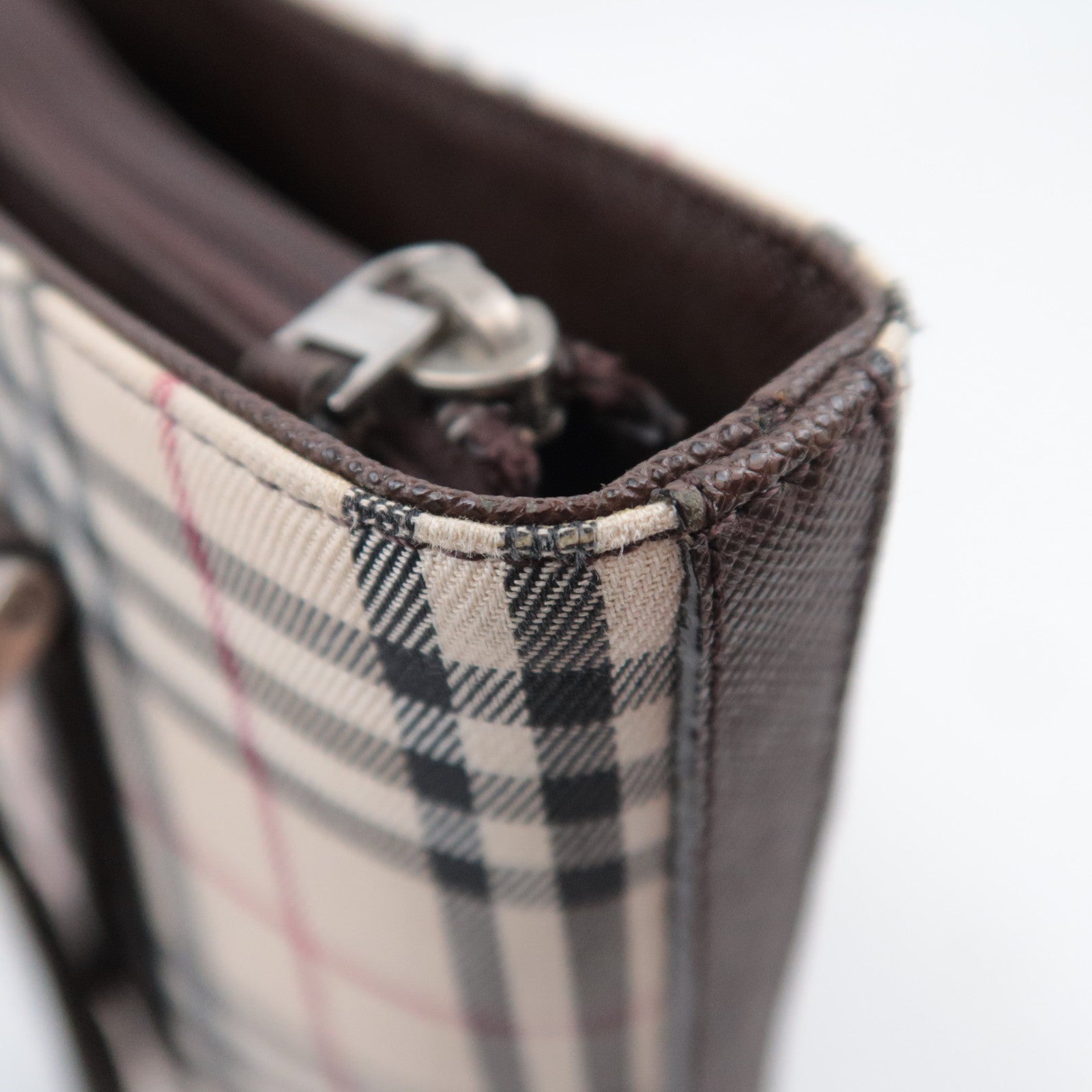BURBERRY Nova Plaid Canvas Leather Tote Bag Beige Brown